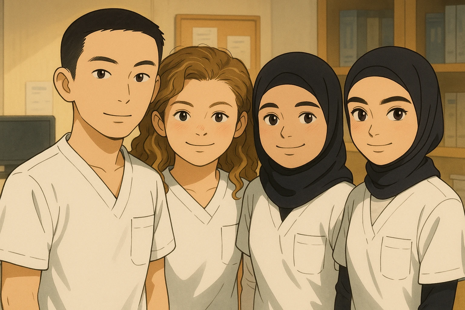 Four nursing students working together in a care station, all wearing short-sleeved white medical tunics with V-neck collars and left chest pockets, no collar stand or stethoscopes, no clothing extending beyond sleeves. The four students are inspired by the four provided faces, in a warm and professional atmosphere, Ghibli style. emoji