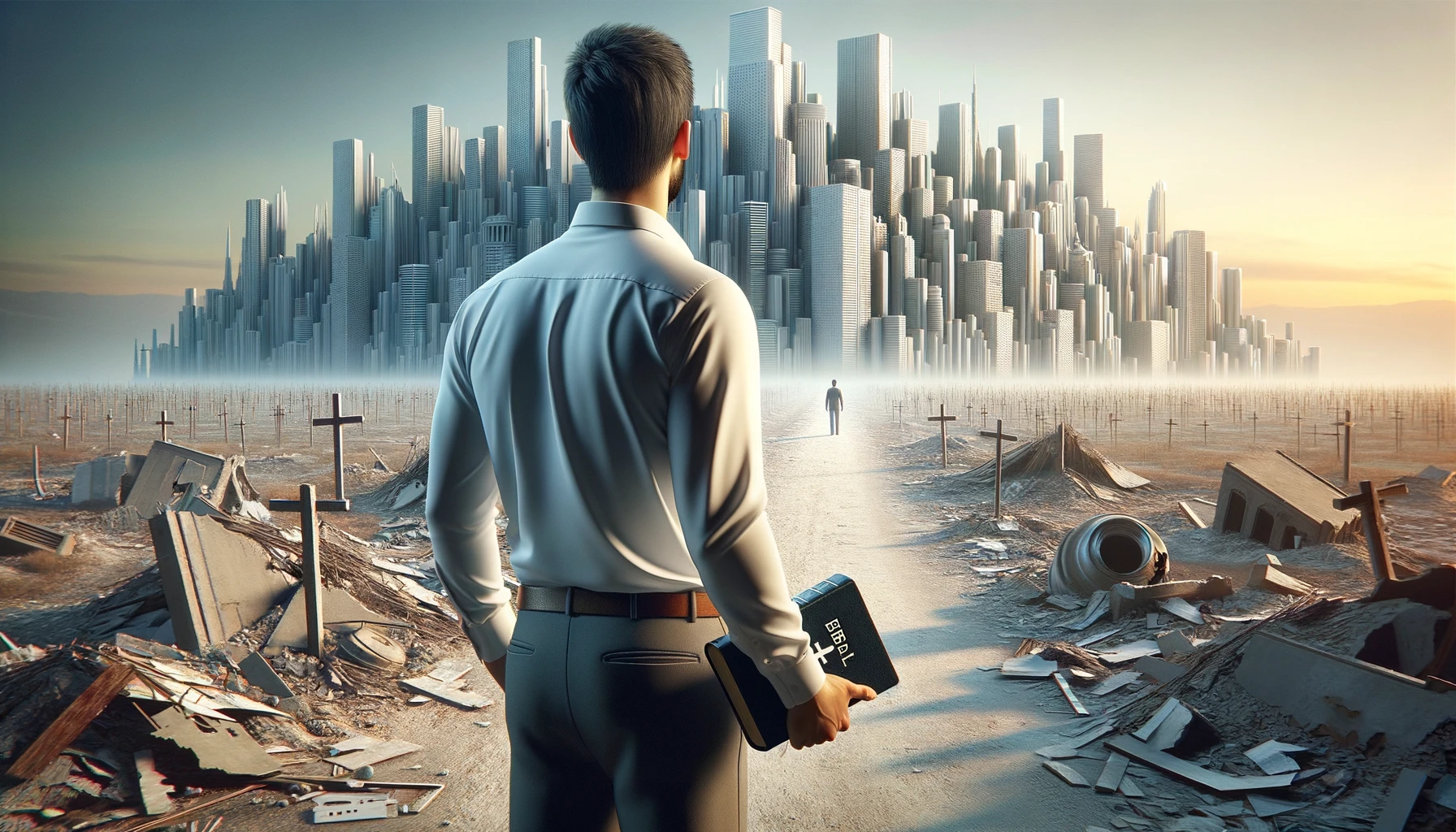 UOMO DI SPALLE DAVANTI AD UNA CITTà SMANTELLATA SENZA MURA CON UNA BIBBIA IN MANO, GUARDA LA CITTà, IPERREALISTICO 4K emoji