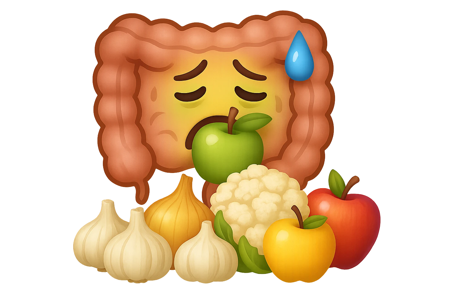 EMOJI STILE IPHONE DI UN INTESTINO UMANO IN CRISI PERCHé STA MALE, IN BOCCA HA UNA MELA E DAVANTI A LUI C'è UNA MONTAGNA DI aglio, cipolle, cavolfiore e mele emoji