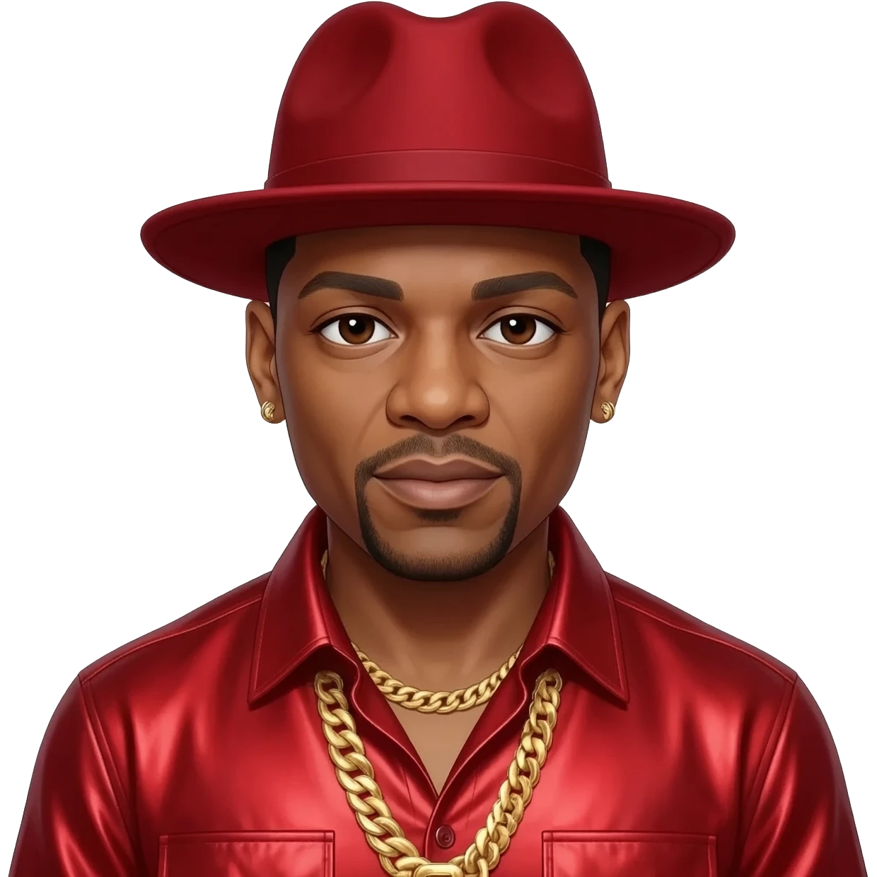 LL Cool J with dark brown eyes, red hat, red metallic shirt, gold necklace and short earrings emoji