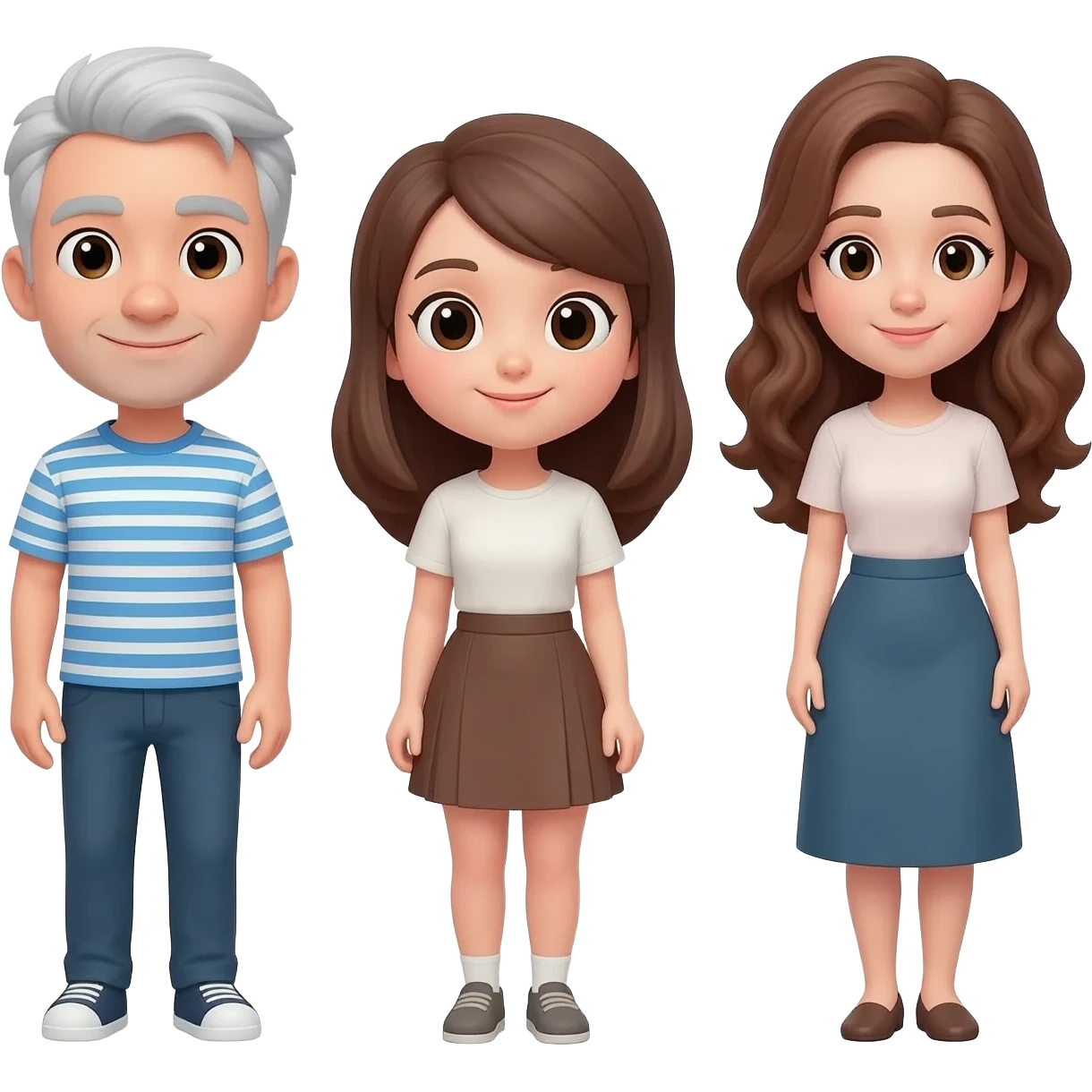三人嘅emoji~左面男要灰白色頭髮~穿藍白橫條T卹不要鬍鬚~右面一個女仕就又攣又長嘅啡頭髮~中間一個少女就係啡色頭髮穿少女裙子書卷氣～平排一起面向鏡頭 emoji