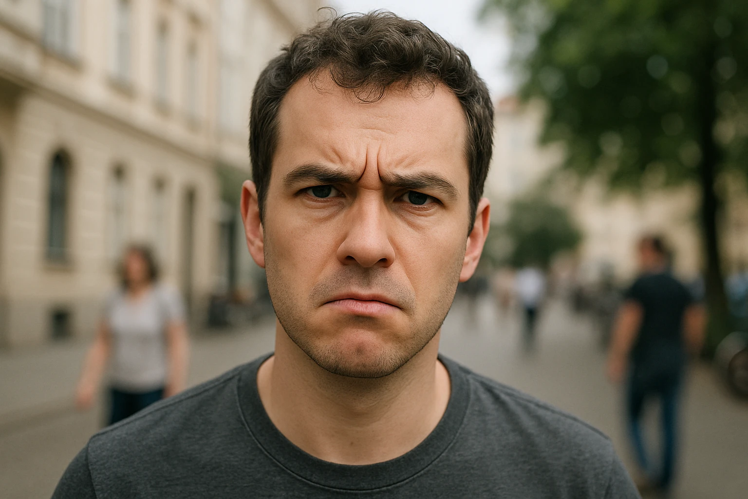 a person with a questioning face, with clear, crisp background details but blurry or ambiguous people nearby emoji