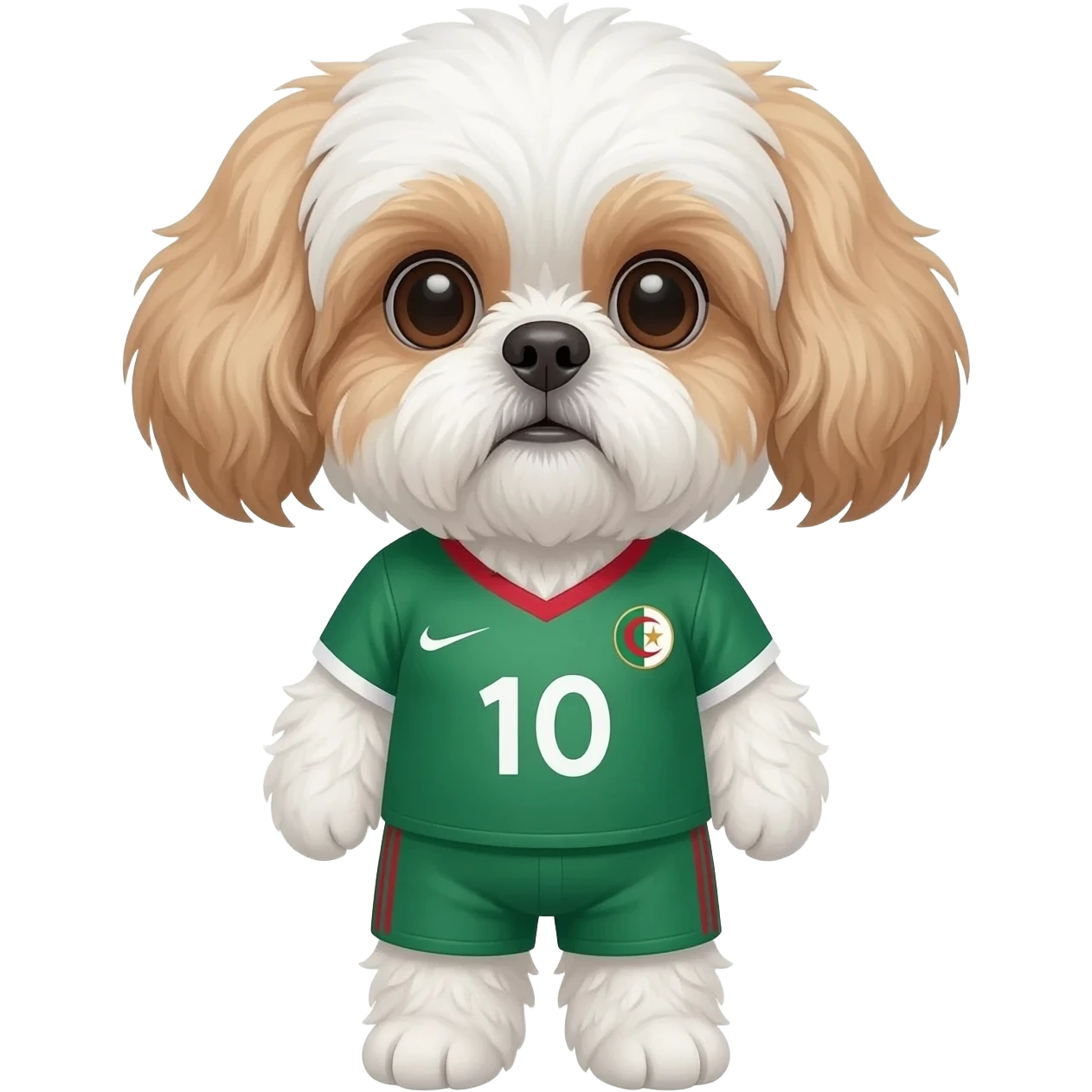 white and light brown shih zhu wearing a Algeria soccer jersey v neck 2026 work cup emoji