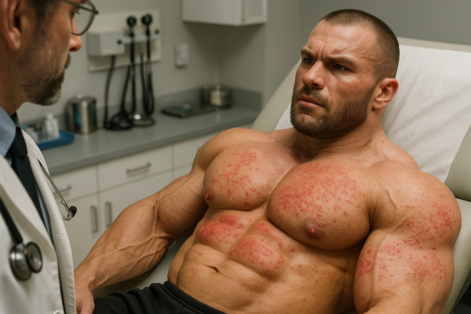BODYBUILDER STESO SUL LETTINO DI UN MEDICO CON IRRITAZIONE CUTANEA, iperrealistico 4k emoji