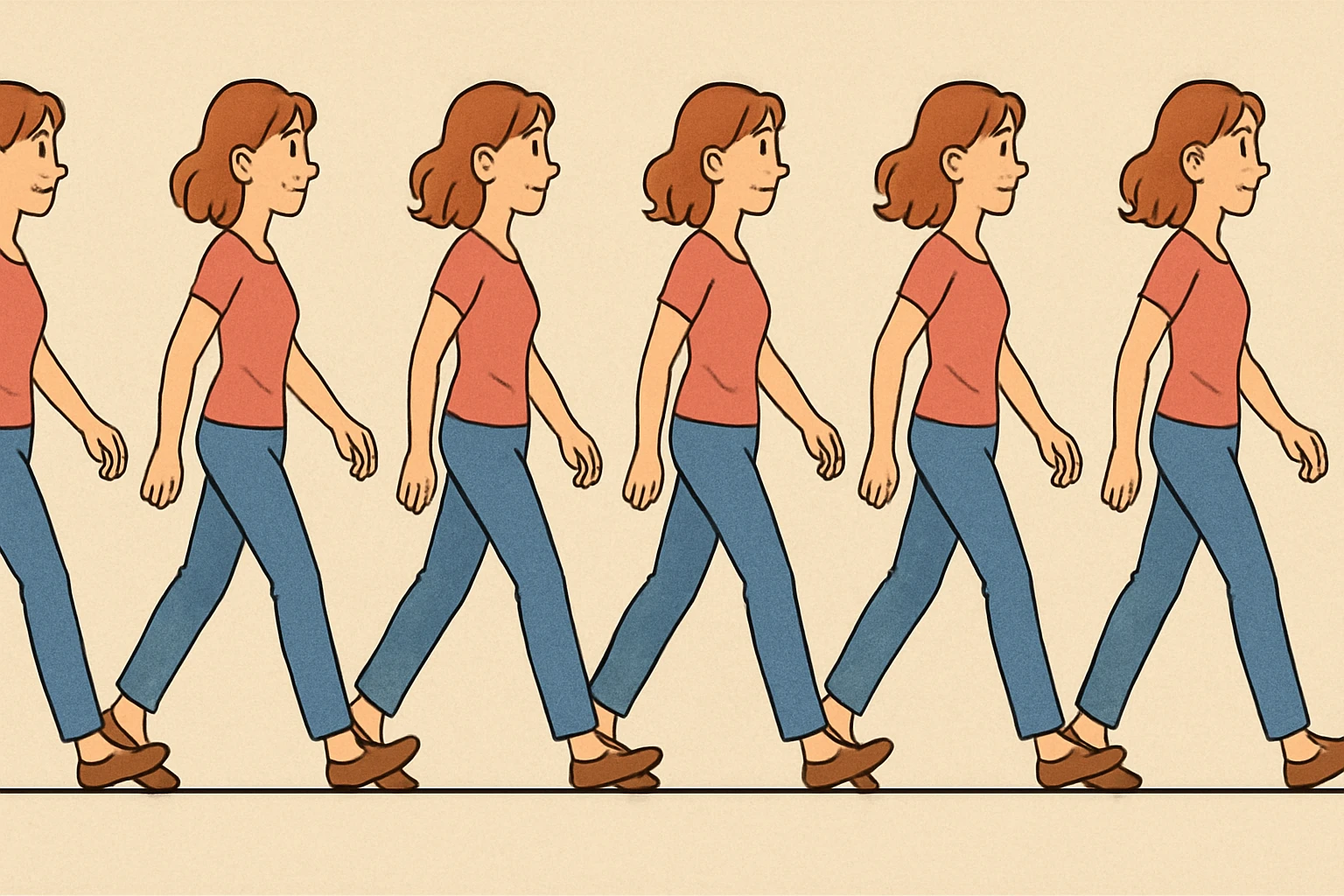animated sequence of a woman walking on a horizontal runway, showing step-by-step frames of her walking motion, clear and expressive style emoji