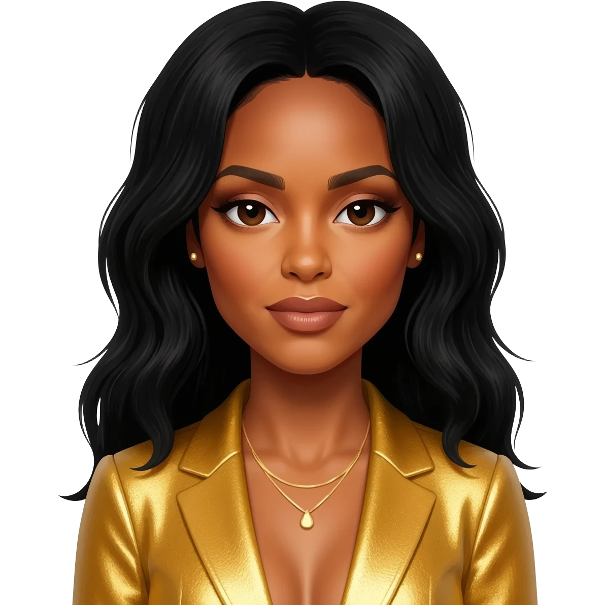 Kelly Rowland with black hair, gold outfit emoji