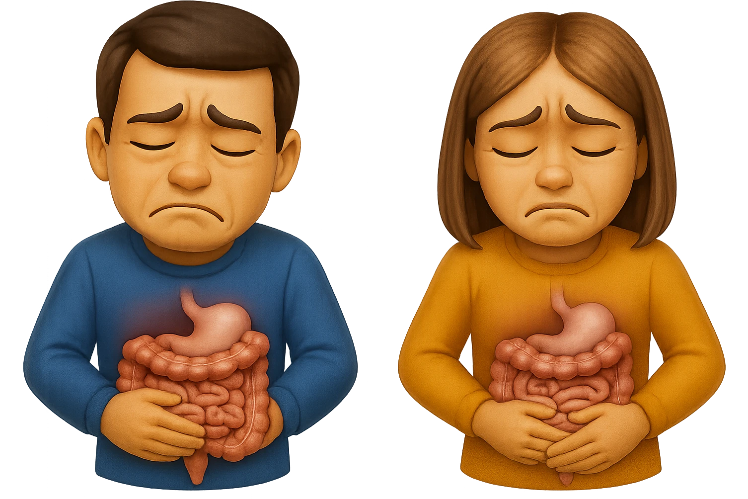 emoji stile iphone di un uomo e una donna con espressione triste ed intestino realistico, mal di pancia, iperrealistico 4k emoji