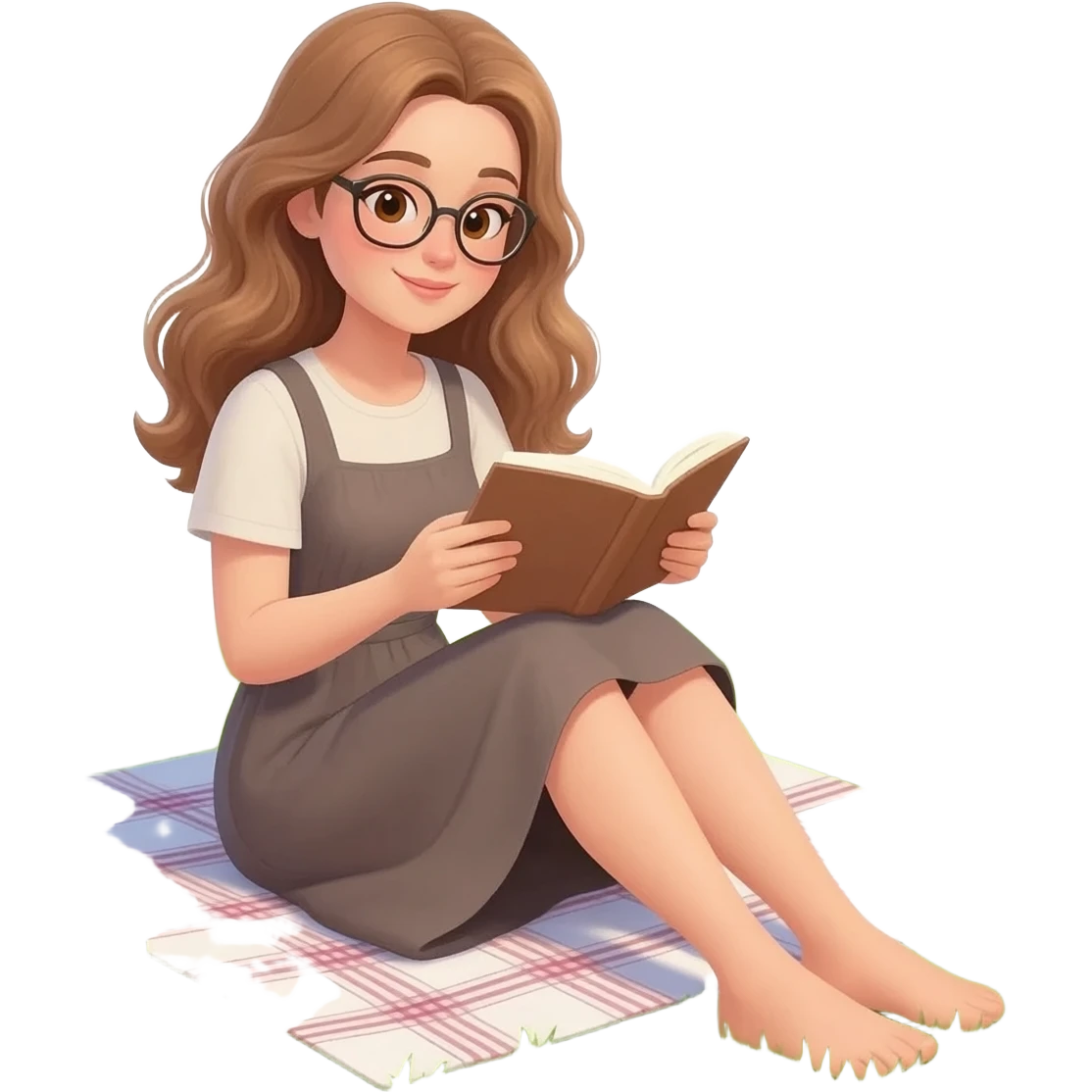 detailed emoji scene of a woman with long light brown wavy hair and light brown eyes wearing glasses, reading a book while sitting on a picnic blanket in the grass, peaceful picnic atmosphere, emoji style illustration emoji