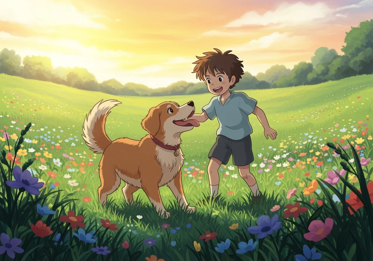kid and his pet dog in studio ghibili style emoji
