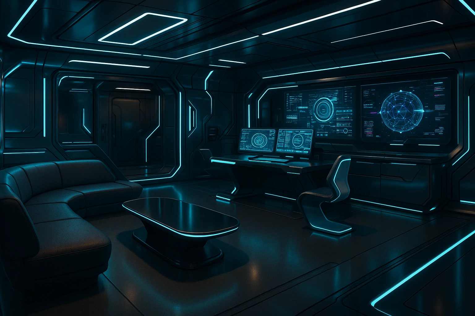 futuristic high-tech interior with sleek furniture, neon accents, advanced technology emoji