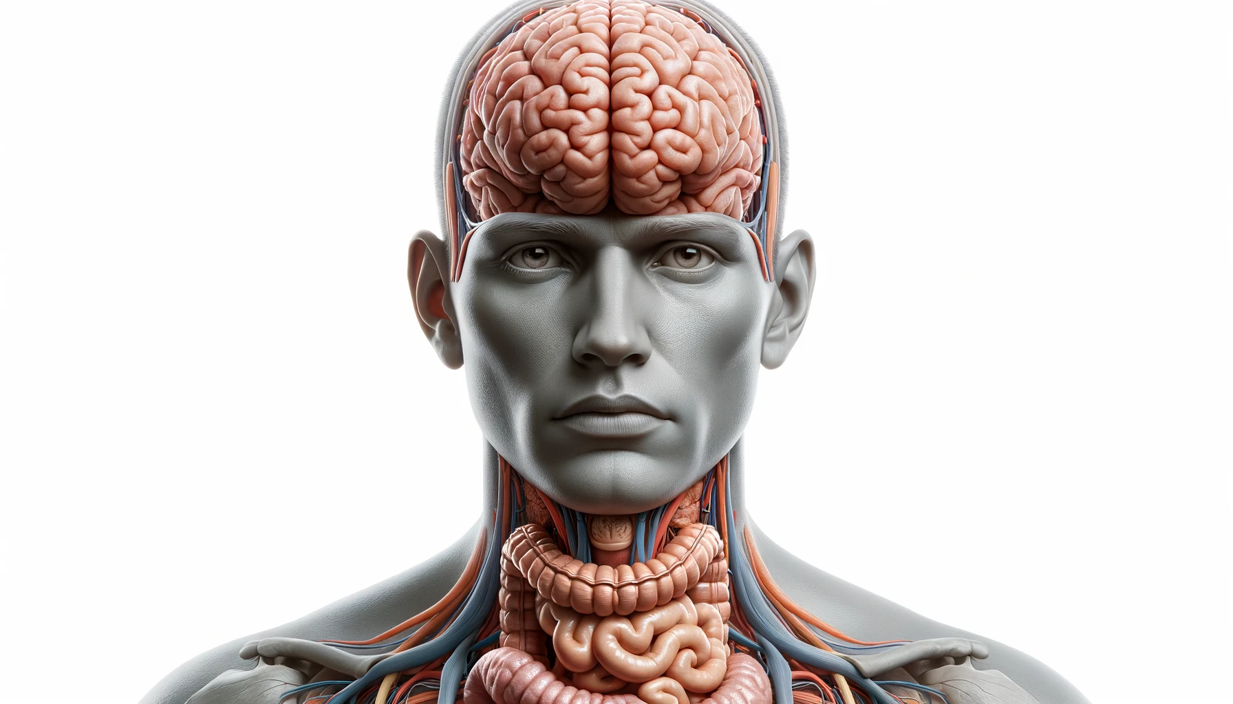 corpo umano anatomico con cervello, intestino e stomaco in evidenza, espressione neutra in volto, posa frontale, iperrealistico 4k, isolato su sfondo bianco emoji