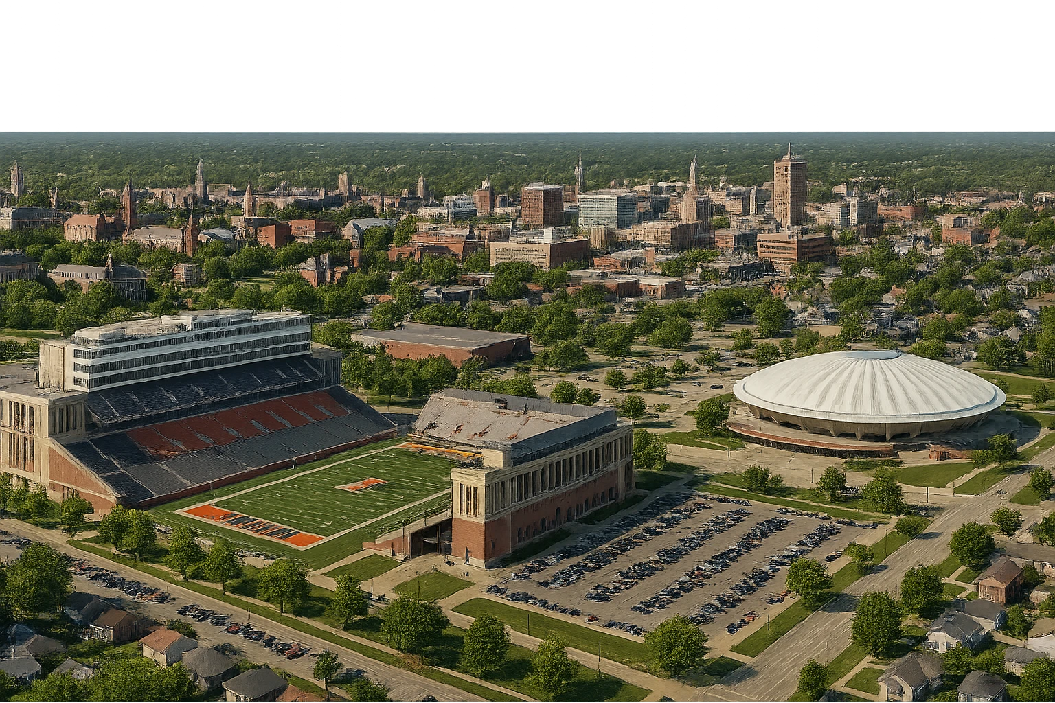 cinematic realistic emoji of Champaign Illinois wide city view with iconic landmarks University of Illinois campus Memorial Stadium State Farm Center downtown Champaign lifelike detail accurate colors bright daytime lighting no sky no clouds no city name label emoji