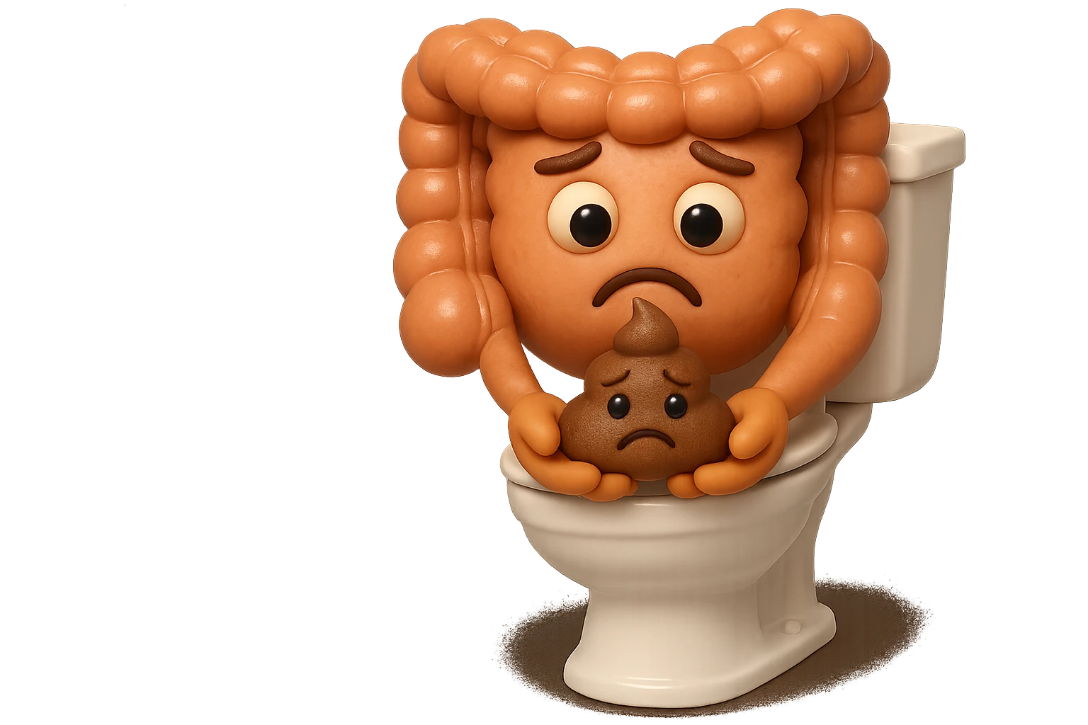 emoji stile iphone di un intestino realistico 3d che esce dal wc con in mano una montagnetta di feci con espressione triste a palline, iperrealistico 4k emoji