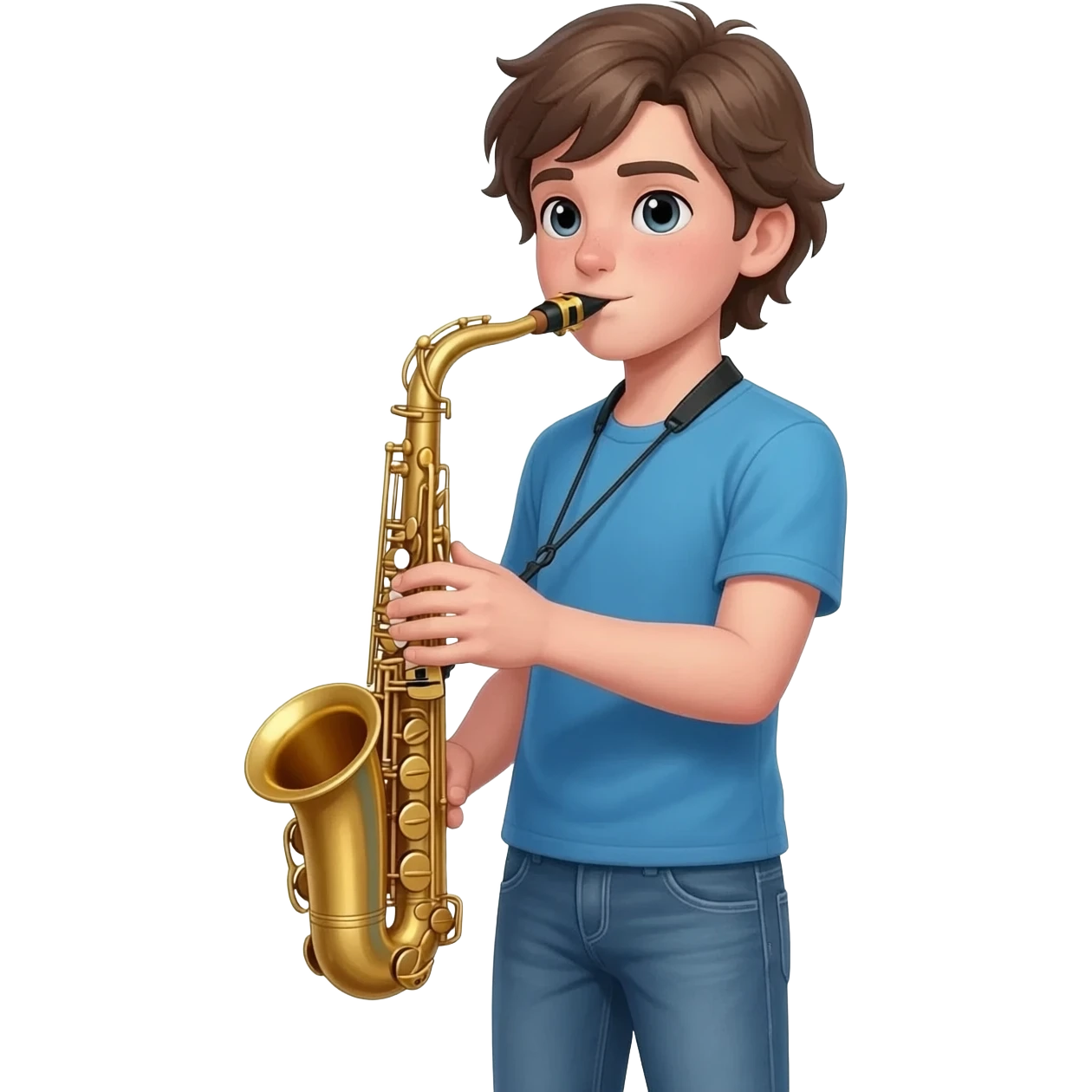 tall white boy with a medium length middle part, playing alto saxophone. the boy is wearing jeans and a blue t shirt. emoji