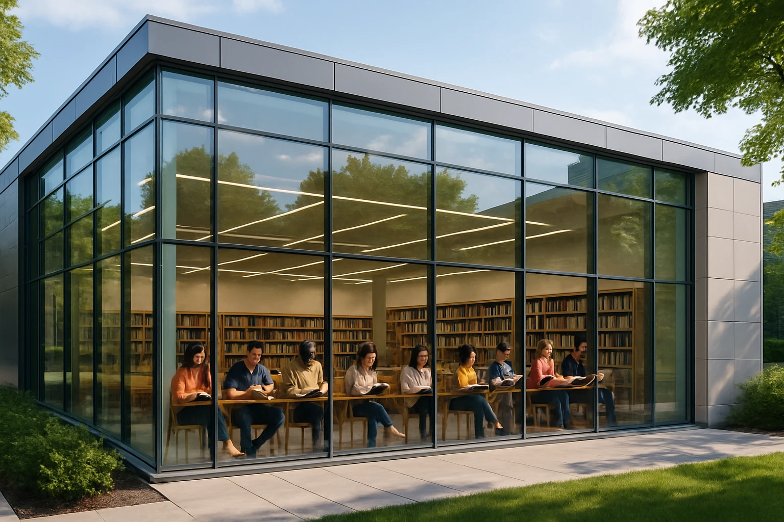 a modern library building, glass facade, people reading inside emoji