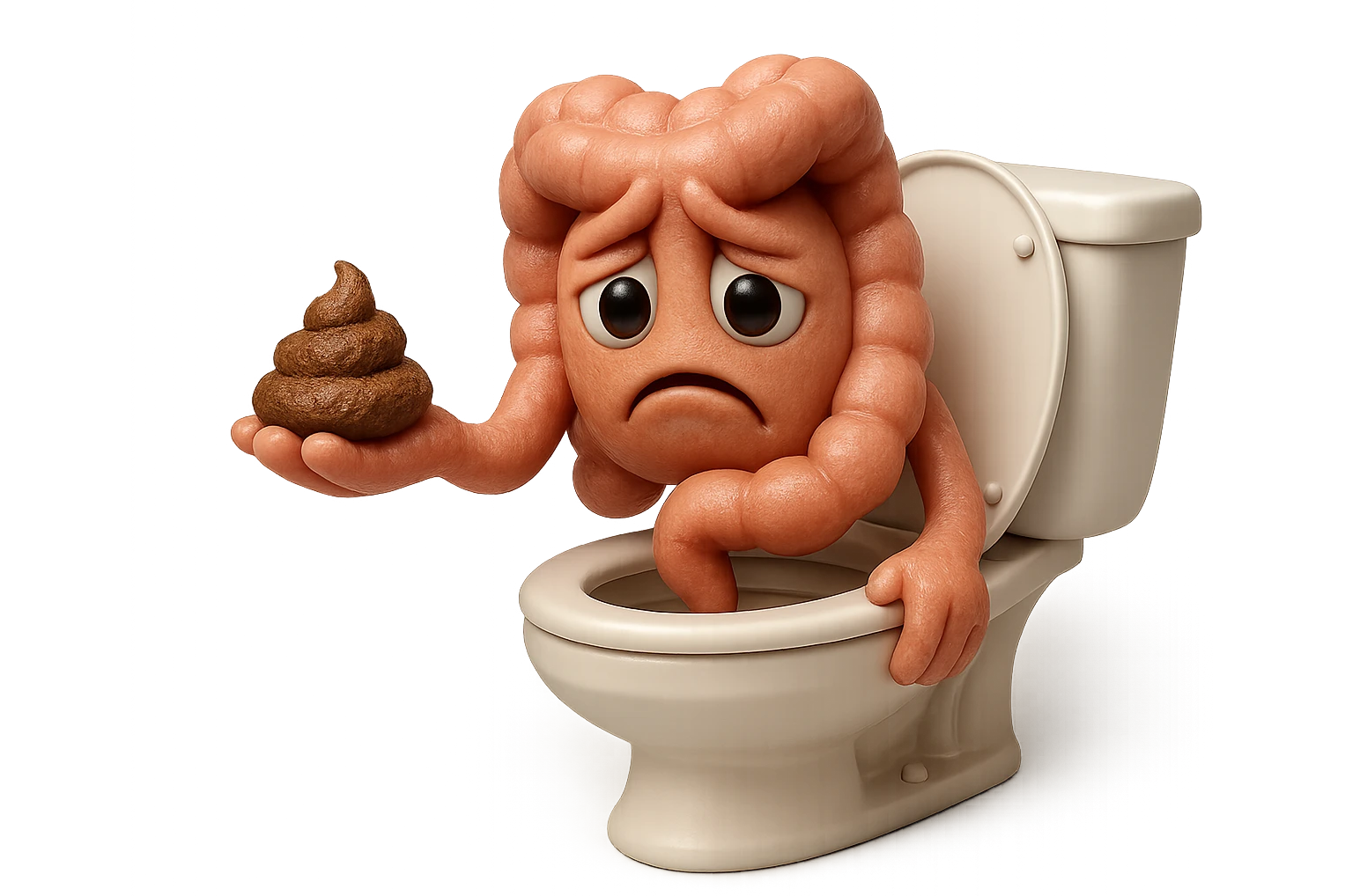 emoji stile iphone di un intestino realistico 3d che esce dal wc con in mano una montagnetta di feci con espressione triste a palline, iperrealistico 4k emoji