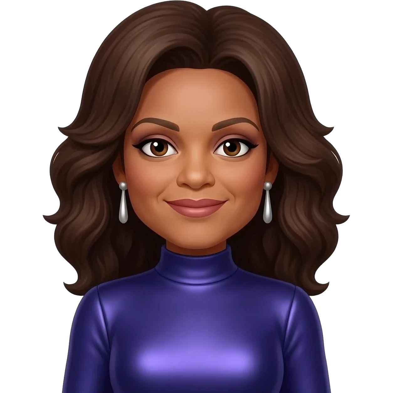 Whitney Houston with dark brown eyes, brown hair, blue violet metallic turtleneck dress, silver earrings emoji