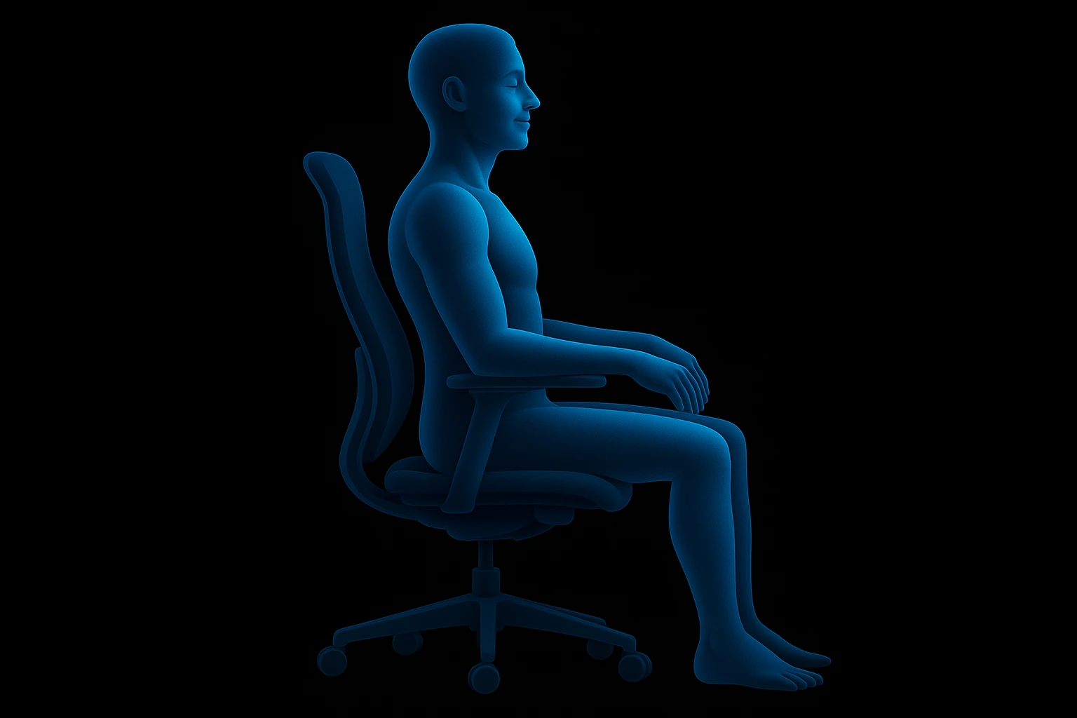 person sitting on ergonomic chair with perfect posture, comfortable and relaxed, black solid background (Inspire style graphic i send you) emoji
