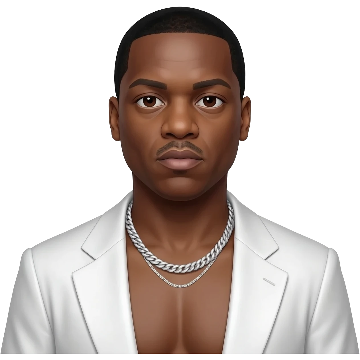 The Notorious B.I.G. with dark brown eyes, black hair, ivory metallic wide leg pants, shirtless with silver necklace emoji