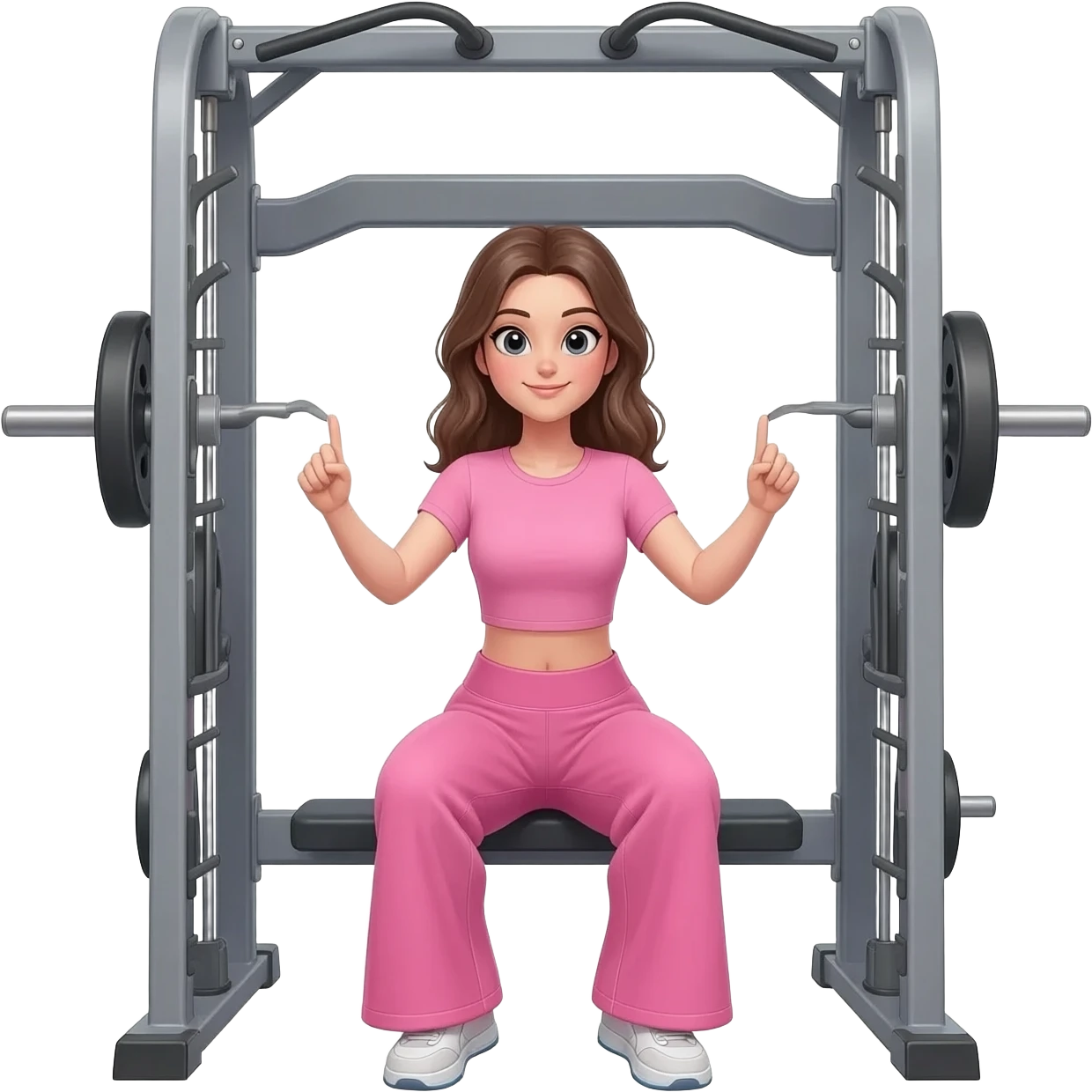 A girl wearing a pink workout set which is fitted tshirt pink, and wide leg leggings that are flowy on a hip trust on smith machine that is posing and taking a selfie in the gym emoji
