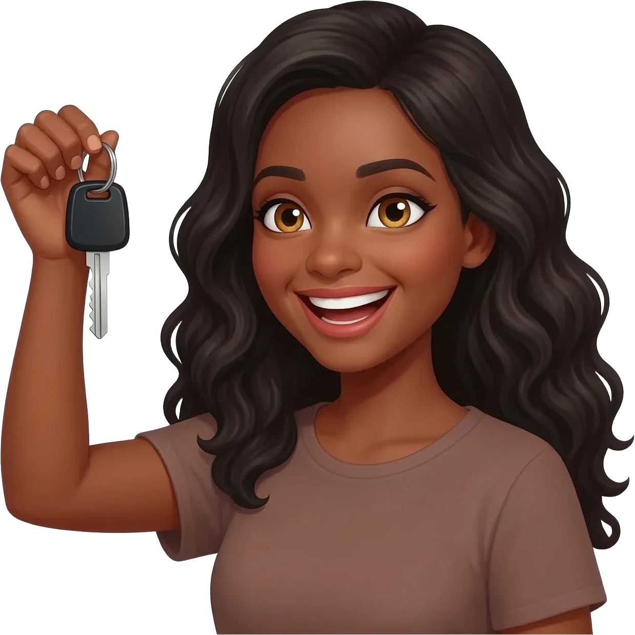 She has brown skin, long wavy black hair, and golden-brown eyes. She is radiating happiness, smiling broadly, holding a silver car key with a black remote fob up in her hand. emoji