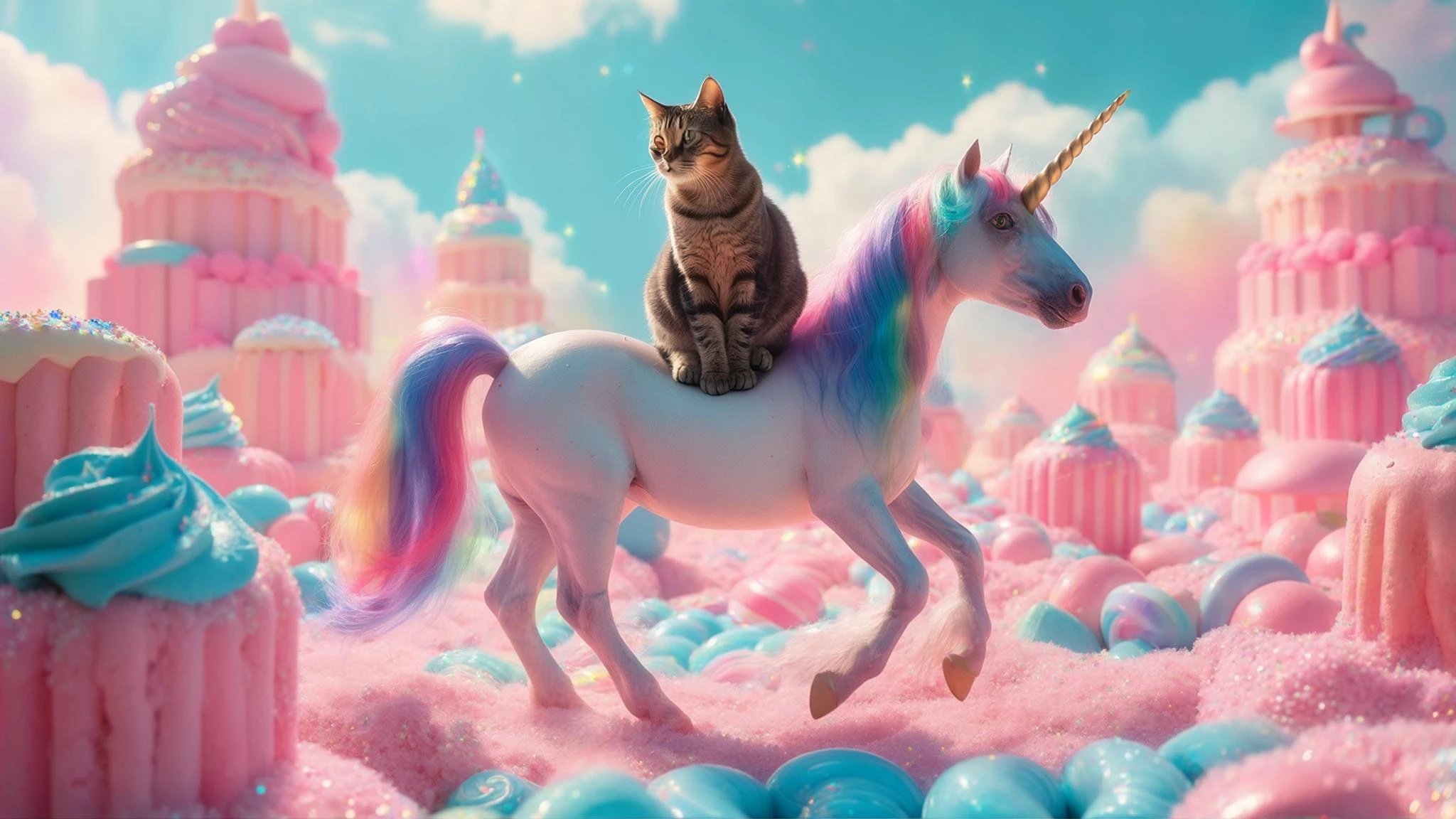 Cinematic still of a cat riding on unicorn around magic pink, and blue candy world, rainbow, dynamic shot emoji
