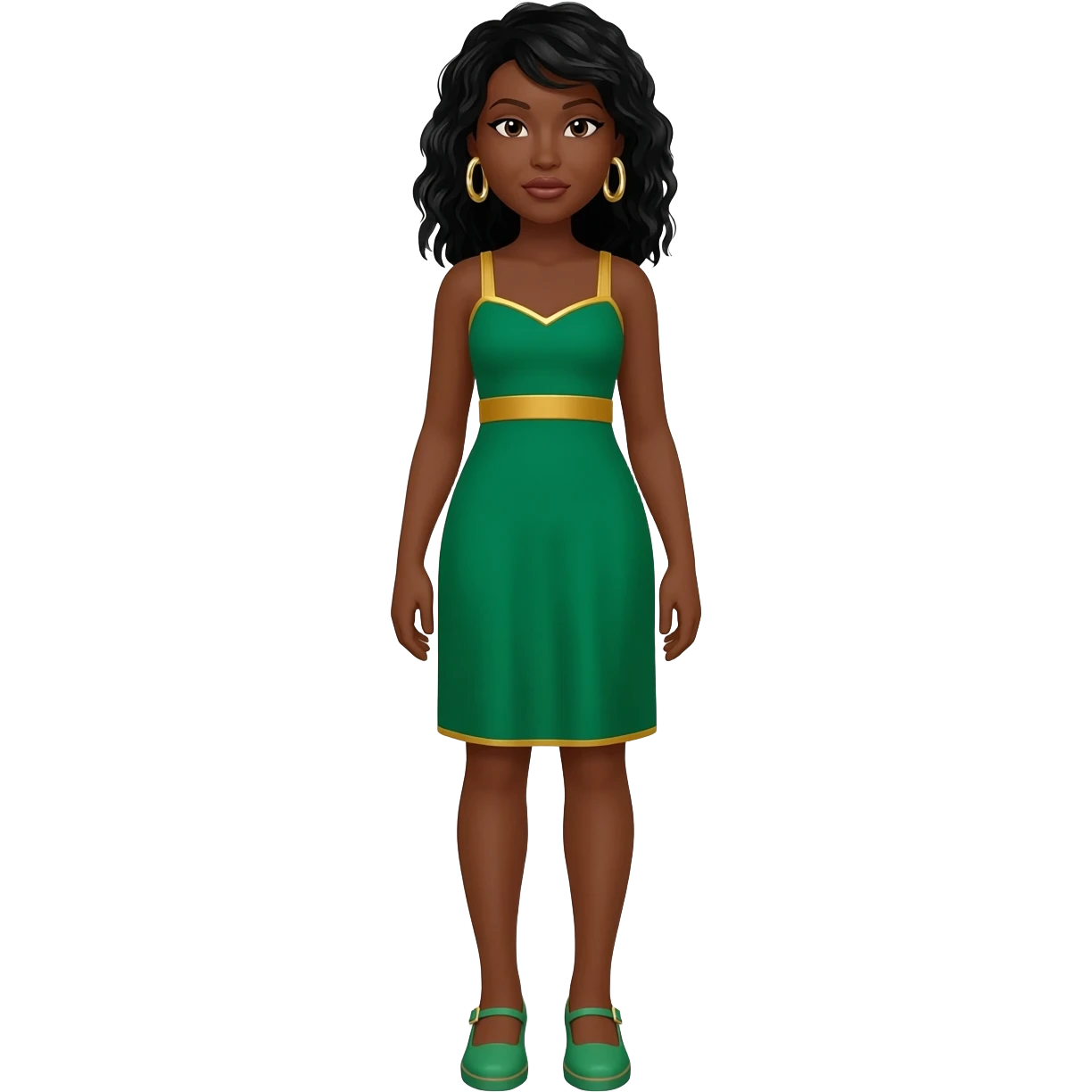 Black female green and gold lines dress and gold earrings black hair green shoes emoji