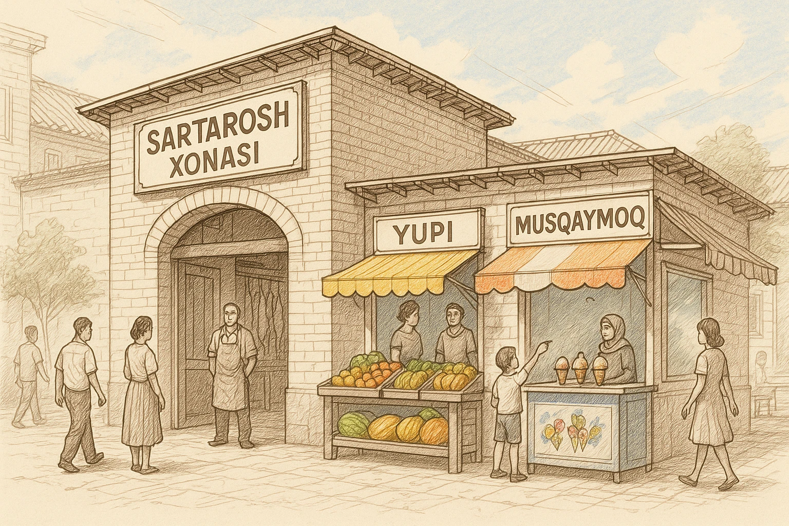 brohouse sartarosh xonasini chizib ber tashqaridan va uning yonida yupi va musqaymoq sotadigan lavkalar bulsin emoji