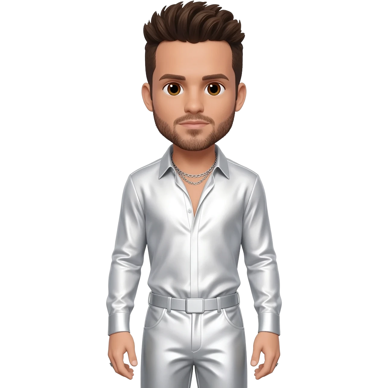 AJ McLean from Backstreet Boys with brown eyes, dark brown hair and short beard, white metallic shirt, white metallic baggy pants, silver necklace emoji