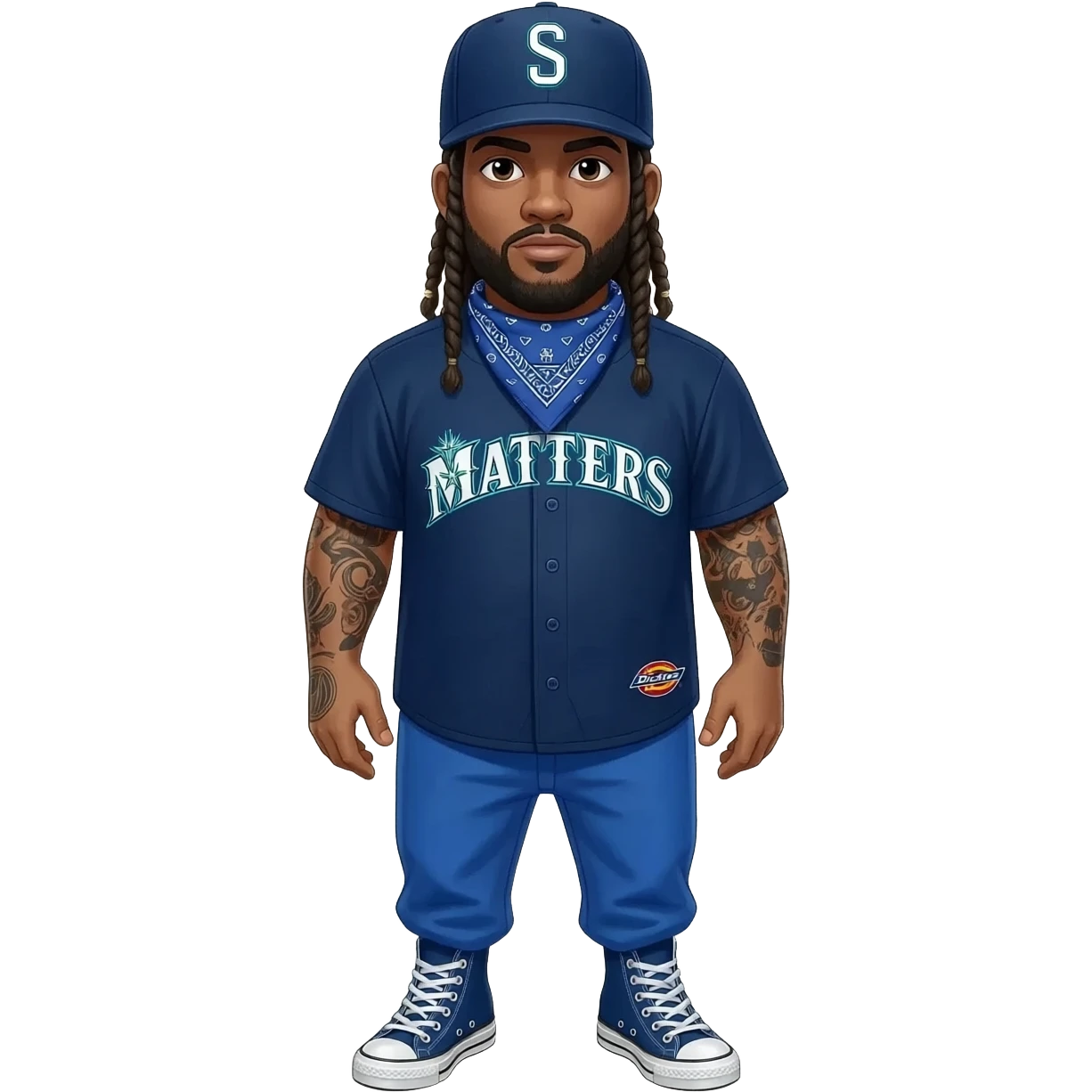 Fat Crip with braids a Seattle Mariners "S" hat blue bandana around neck with blue dickies pants and blue converse all star shoe and blue Seattle Mariners jersey with tattoos on arms face and hands emoji