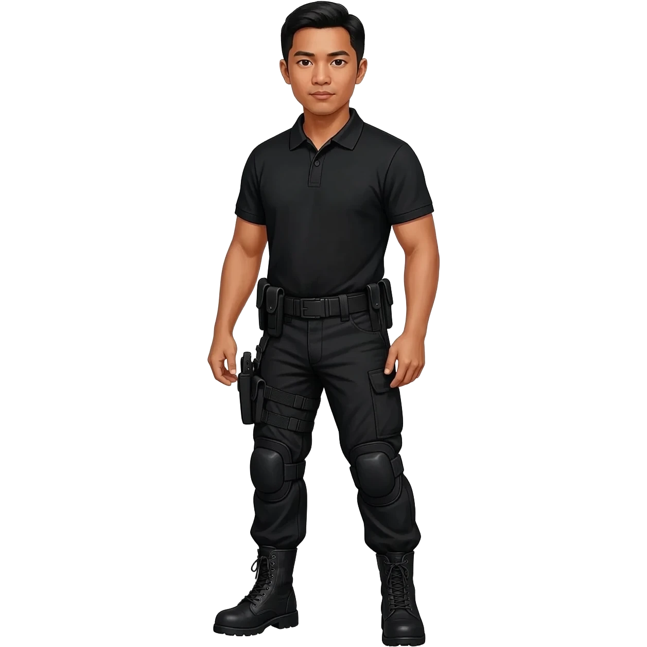 Filipino man black polo shirt and black fatigue combat pants with holster belt and black combat boots emoji