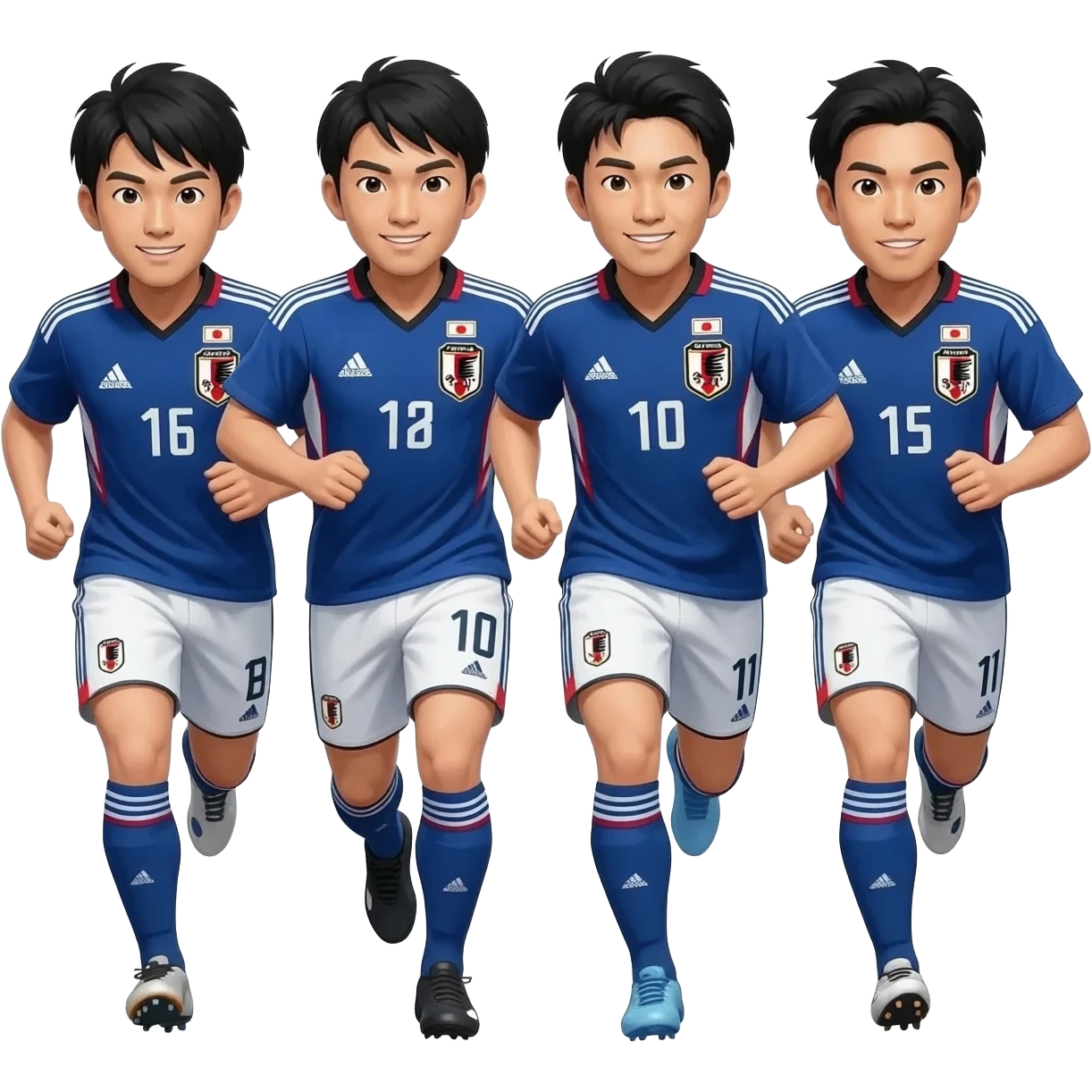 4 soccer players, asian look of the same team in blue jersey of Japan National team playing soccer together in running pose emoji