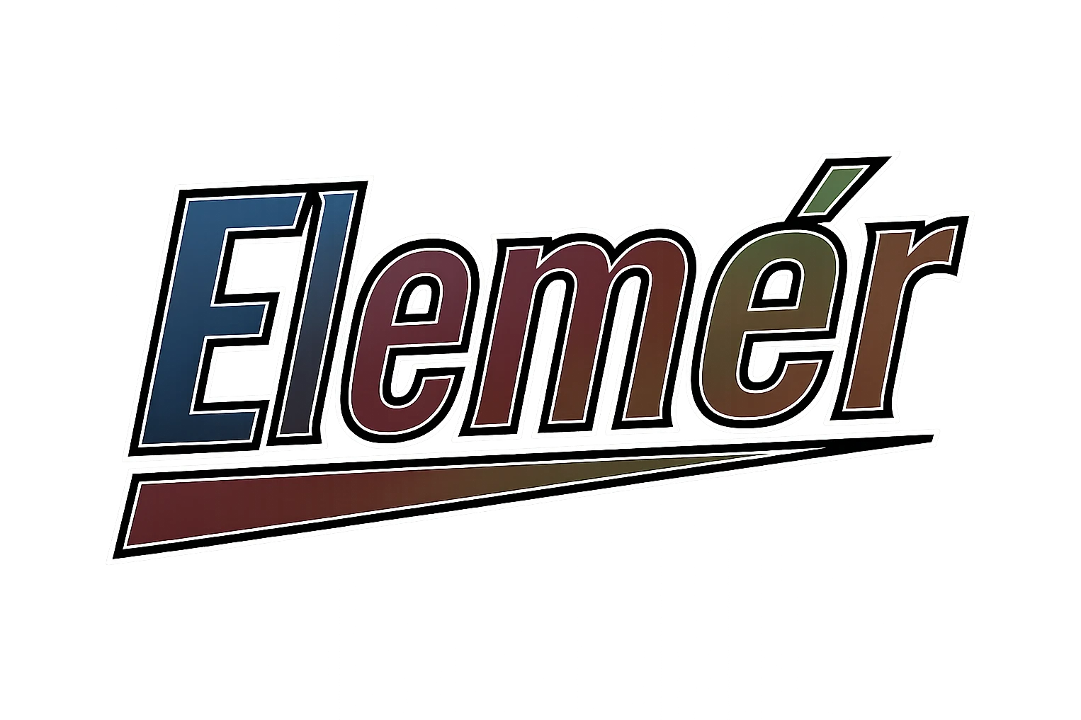 Elemér name in masculine, modern, gradient font with dark contour, thin and clearly visible white border around letters, dynamic slanted underline, masculine color shades (blue, gray, burgundy, green, brown), 1000x1000 px, PNG, transparent background, in the style of the uploaded Attila sample. emoji