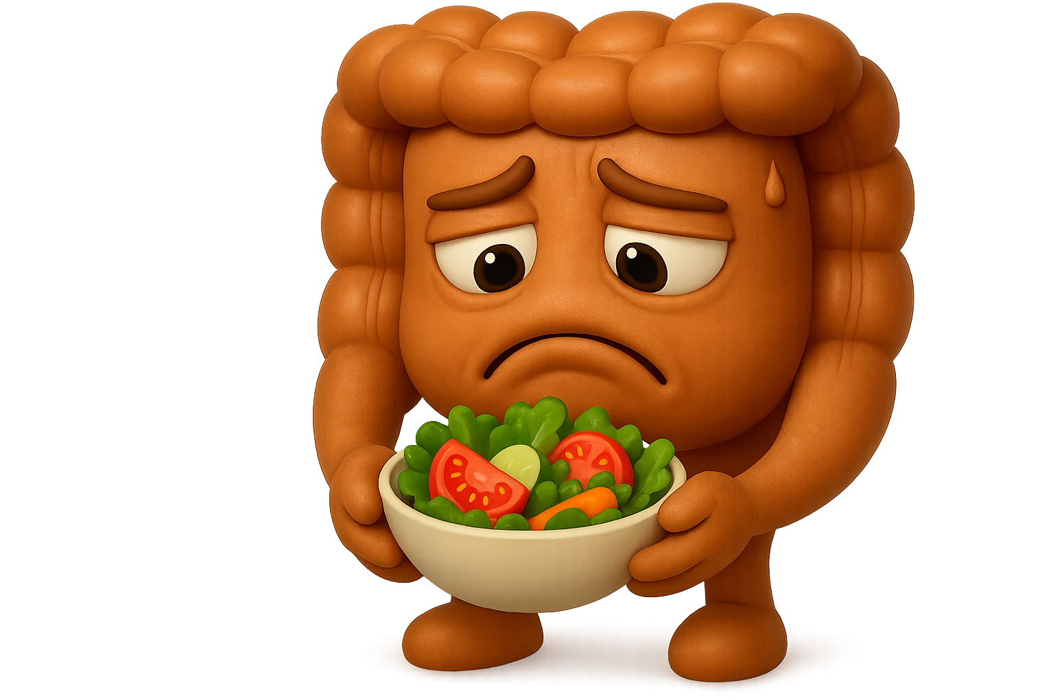EMOJI STILE IPHONE DI UN INTESTINO UMANO ANATOMICO CHE GUARDA UN INSALATA CON ESPRESSIONE TRISTE E RASSEGNATA IN VOLTO: SOFFRE LA FAME PERCHé è A DIETA, FAGLI ANCHE LA PARTE BIANCA DEGLI OCCHI, NON SOLO LE PUPILLE, IPERREALISTICO 4K emoji