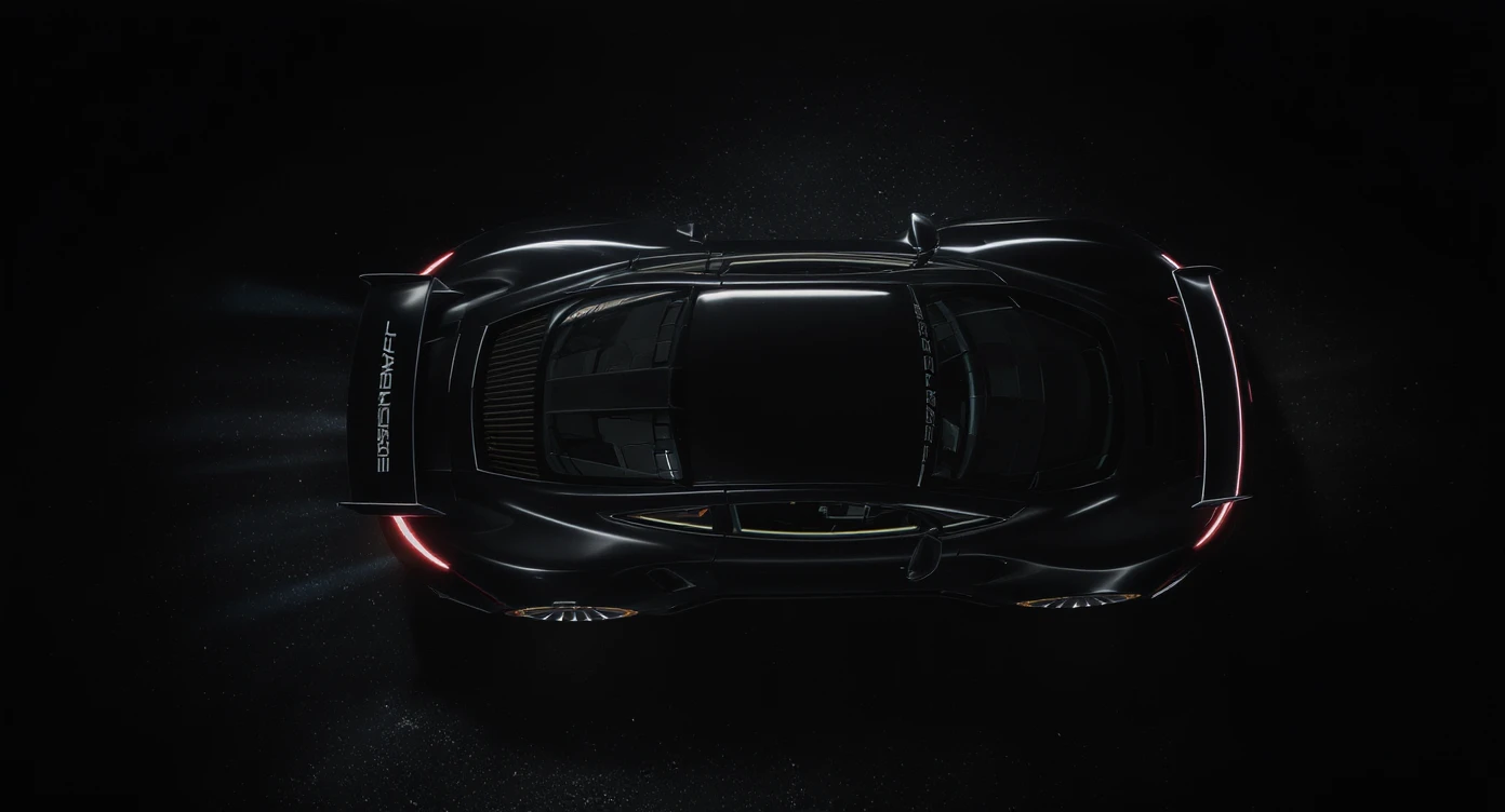 Cinematic shot of a porsche 911 gt3 rs, top dutch angle, black voide around, top spotlight, captured on arri alexa emoji