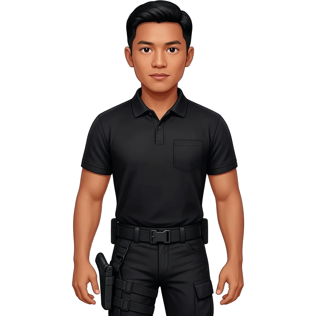 Filipino man black polo shirt and black fatigue combat pants with holster belt emoji