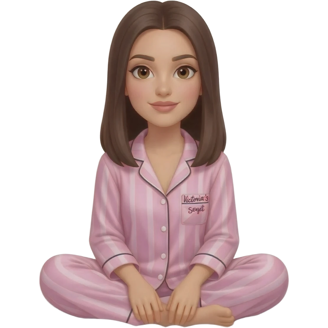 Faça um emoji de uma mulher branca, de cabelo liso castanho escuro, vestida com pijama da victoria secrets, sentada em uma cama forrada de lençóis brancos emoji
