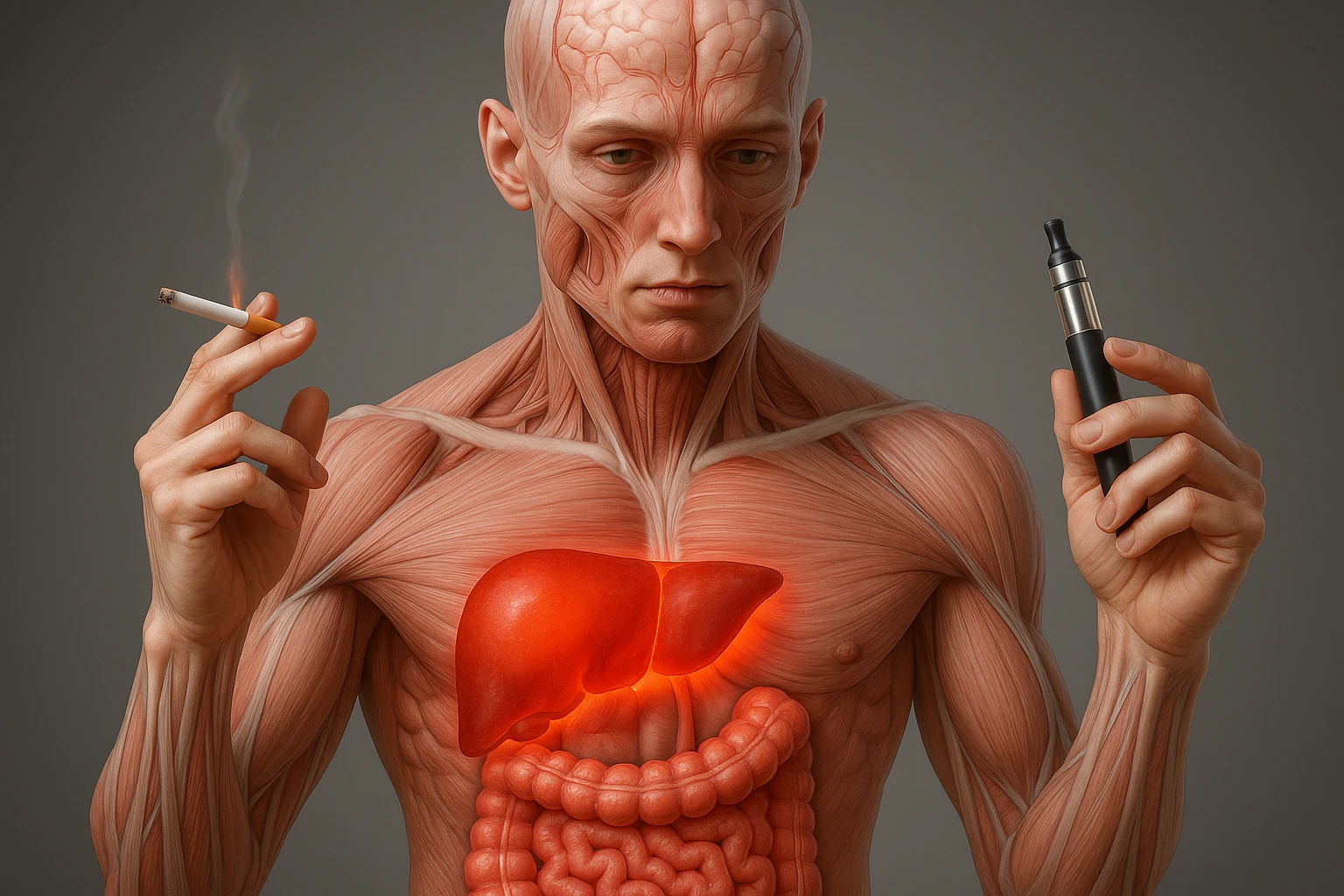 Medical illustration, hyperrealistic 4K, realistic anatomical human body, inflamed liver and intestine highlighted, holding a lit normal cigarette in the right hand and an electronic cigarette in the left hand, clear background, extremely detailed, same lighting and style as the reference image. emoji