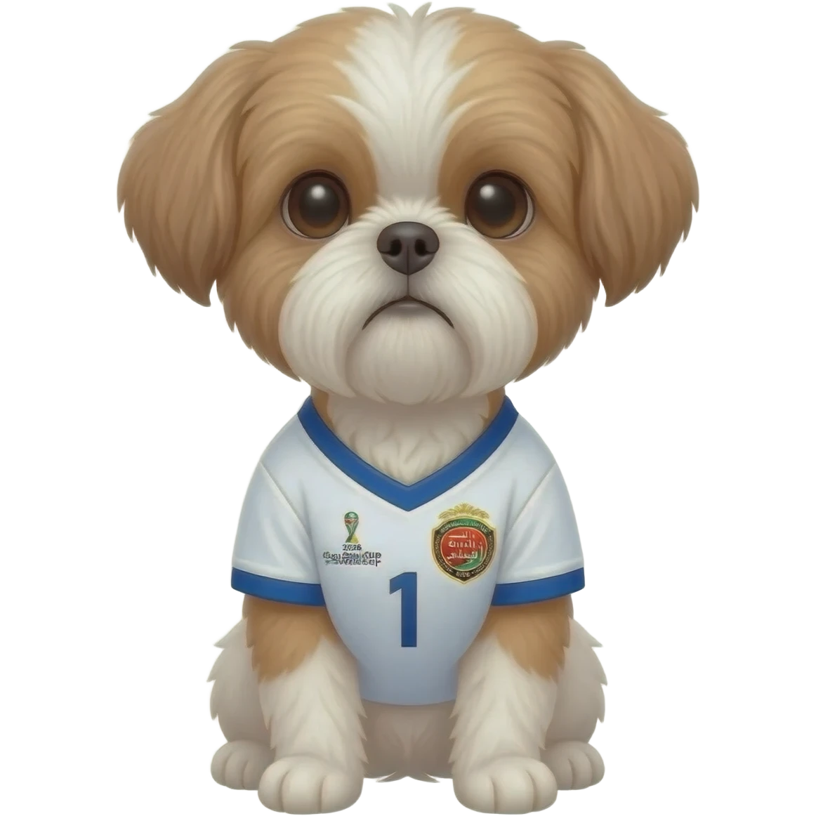 white and light brown shih zhu wearing a South Arabia soccer jersey v neck 2026 work cup emoji