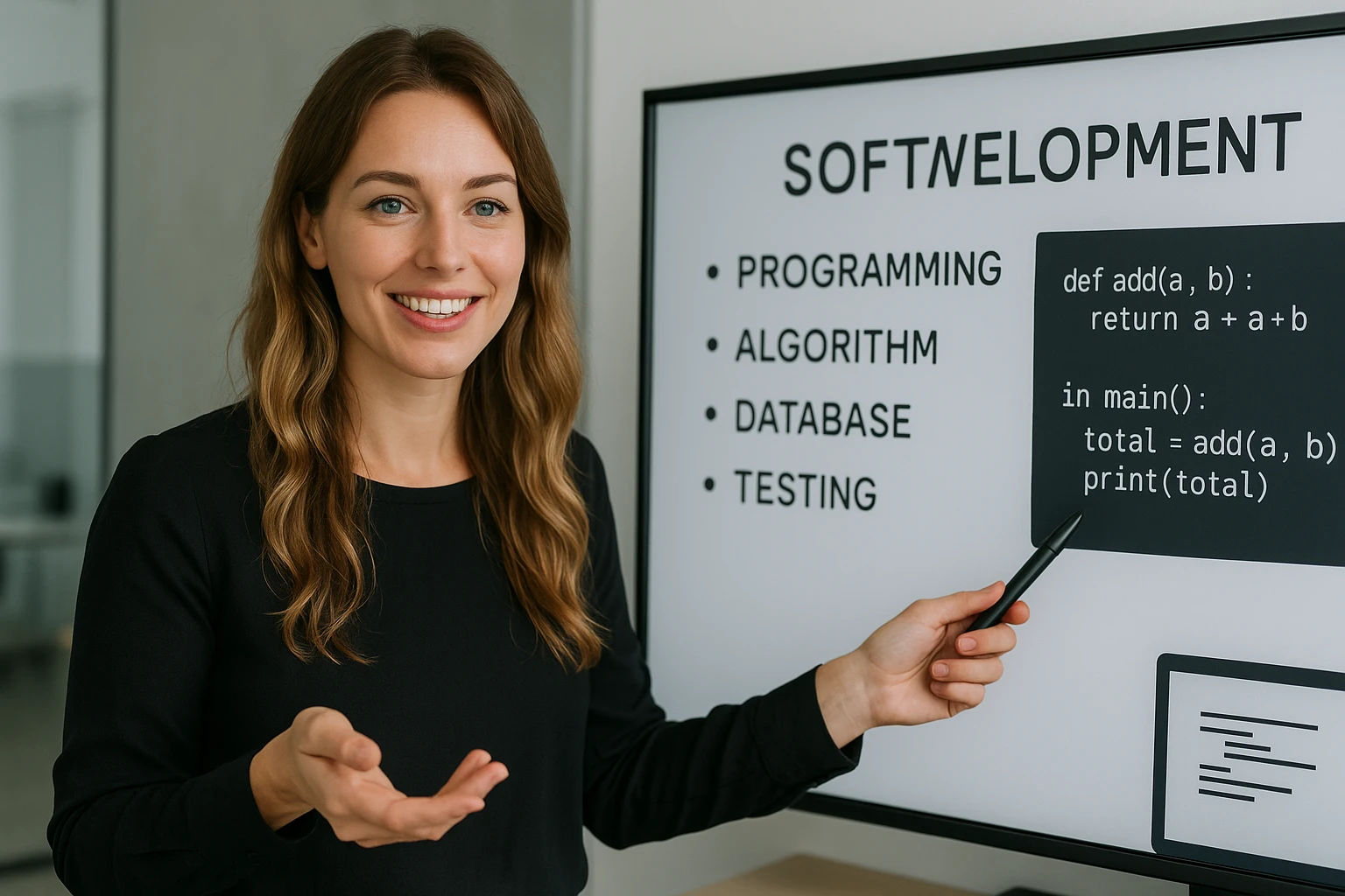 Businesswoman, European, long dark blonde beach waves, green eyes, black blouse with long sleeves, no glasses or chain, smiling, teaching software development emoji