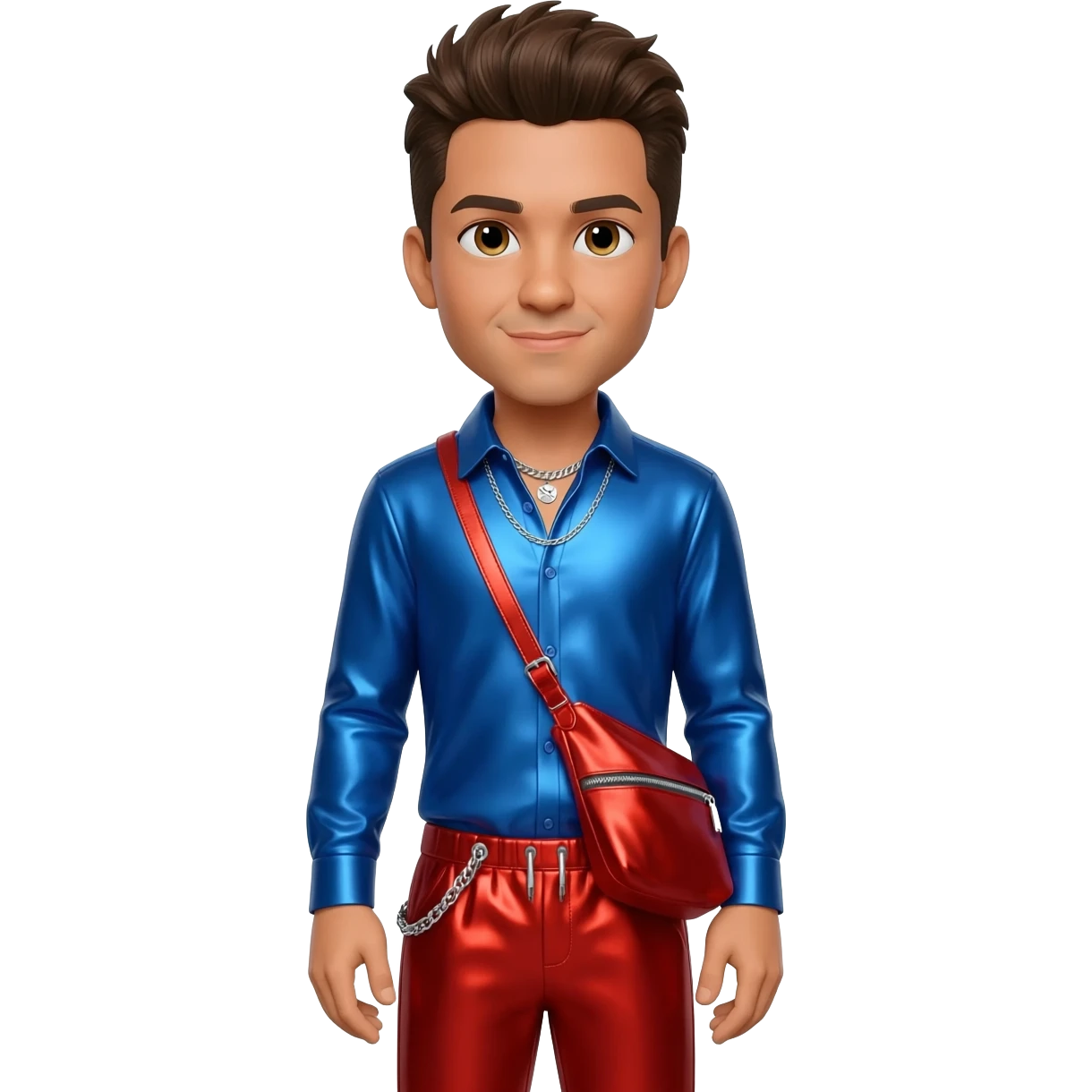 Jason"Wee Man" Acuña with hazel eyes, brown hair, blue metallic shirt, red metallic baggy pants, silver necklace emoji