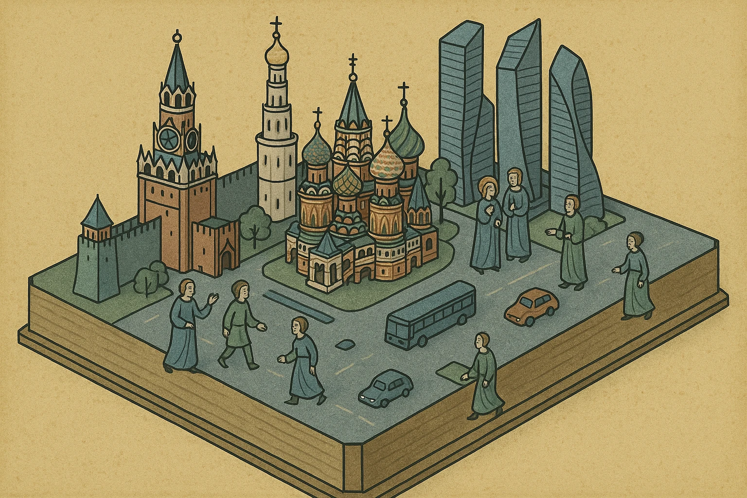 Изометричная миниатюрная 3D модель Москвы на подставке - фотореалистичный Кремль, собор Василия Блаженного, Башни Москва-Сити, аккуратная детализация, люди и автотранспорт, яркие цвета, мультяшный реализм, компактная композиция,  вид сверху в изометрии emoji