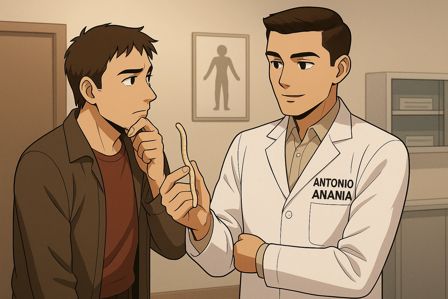 fai un webtoon manga a colori con questo stile, in cui un uomo ascolto il kinesiologo con il camice bianco (fagli anche la scritta "ANTONIO ANANIA" SUL CAMICE, il kinesiologo con il camice mostra un verme lungo e beige chiaro all'uomo, IL KINESIOLOGO SPIEGA ALL'UOMO UNA cosa. L'UOMO ha un ESPRESSIONE pensierosa IN VOLTO mentre si tocca il mento con l'indice. non fare i fumetti però, fai solo in modo che sembri stiano parlando emoji