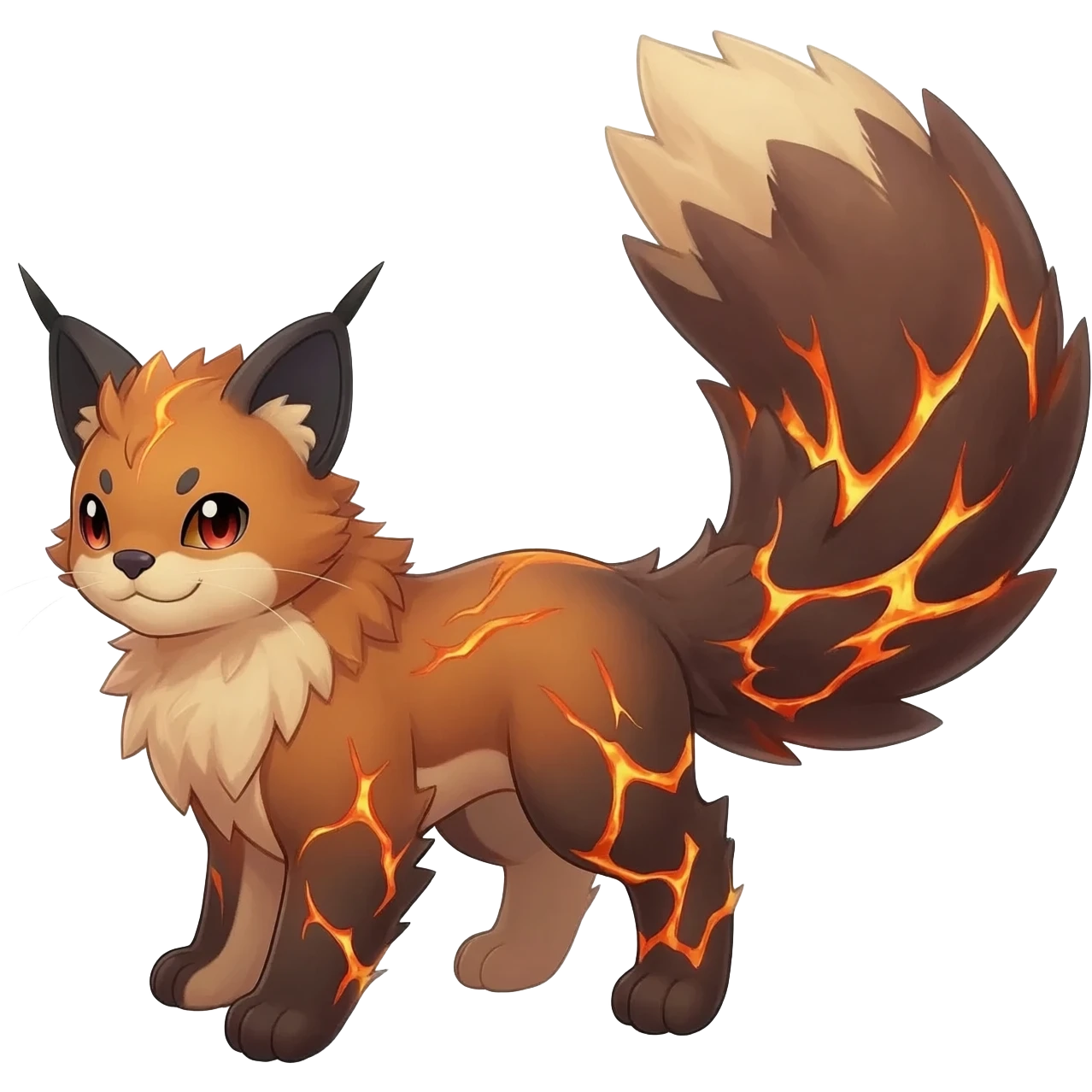 Hyper realistic  ember-rust copper fur molten with glowing magma seams and smoky tips beautiful elegant pretty precious cute  Fakémon-Pokémon-opossum-feline-serval-caracal-chinchilla-Furret-Minccino-hybrid-creature with a big fluffy bushy tail (full body) emoji