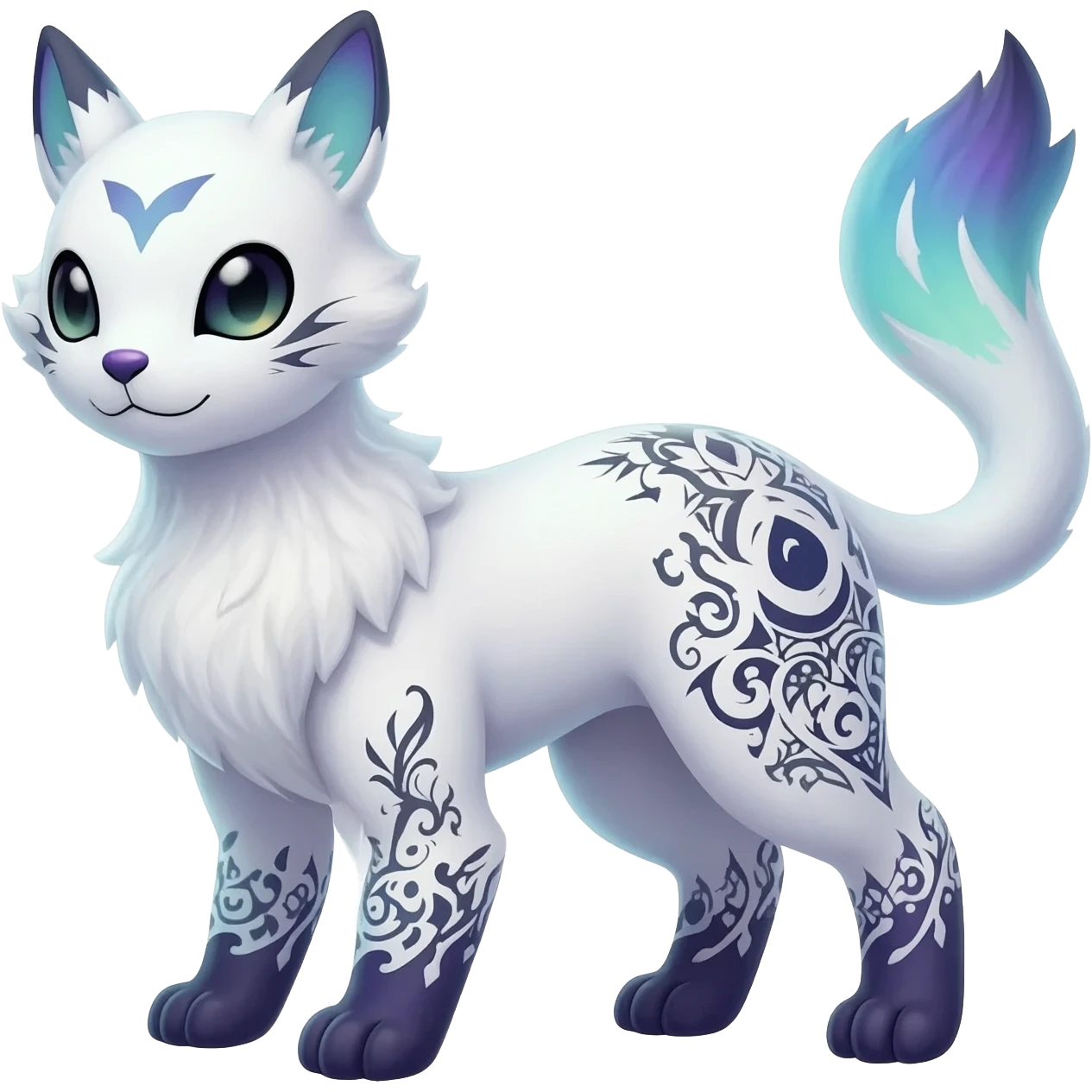 Rare neon iridescent white exotic cute epic aesthetic gothic colorful Salandit-Eevee-Civet-species-Fakemon-hybrid-creature, with intricate tattoo markings, full body emoji