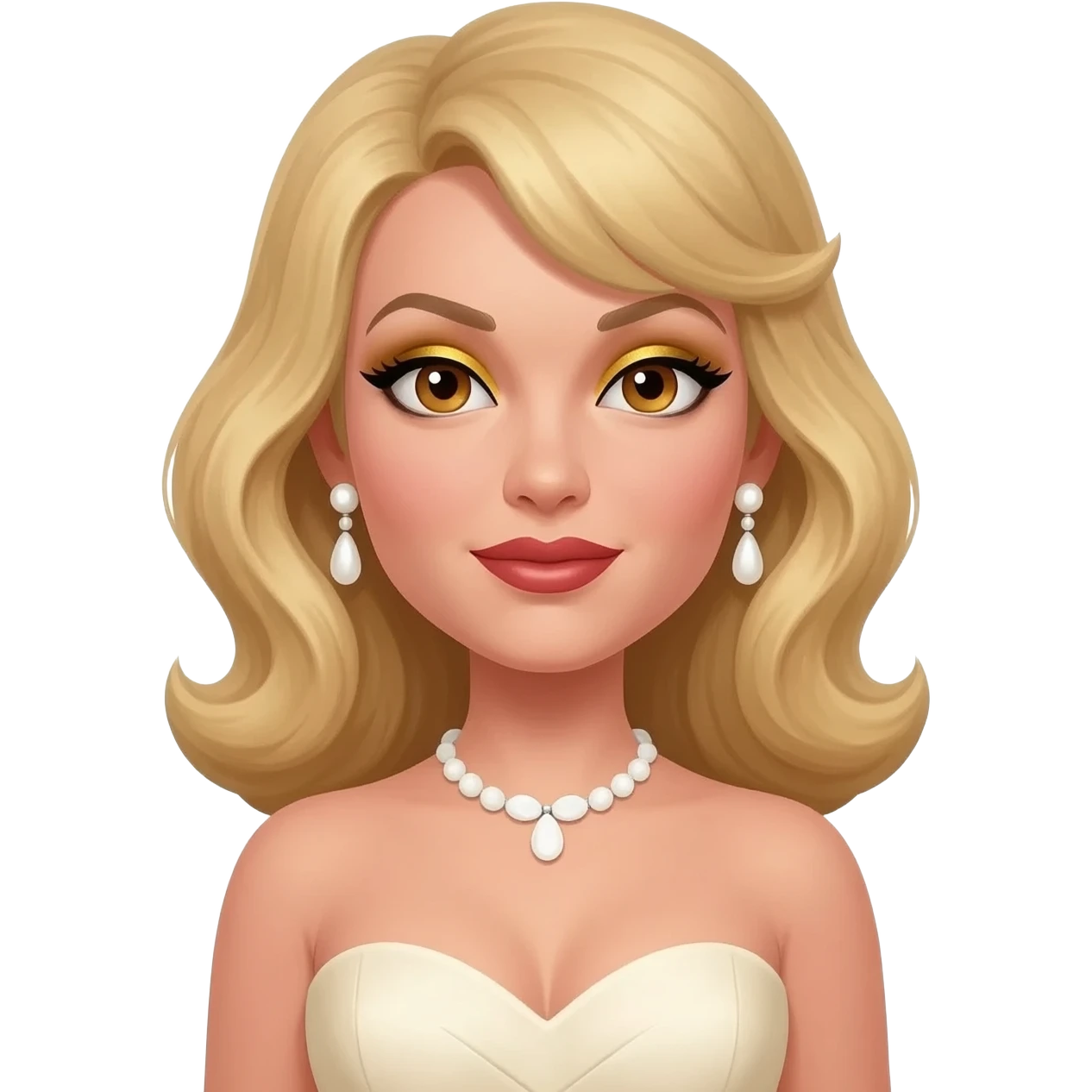 Honey Ryder from James Bond Series with hazel eyes, blonde hair, gold eyeshadow and lipstick, ivory sweetheart dress, ivory necklace and earrings emoji