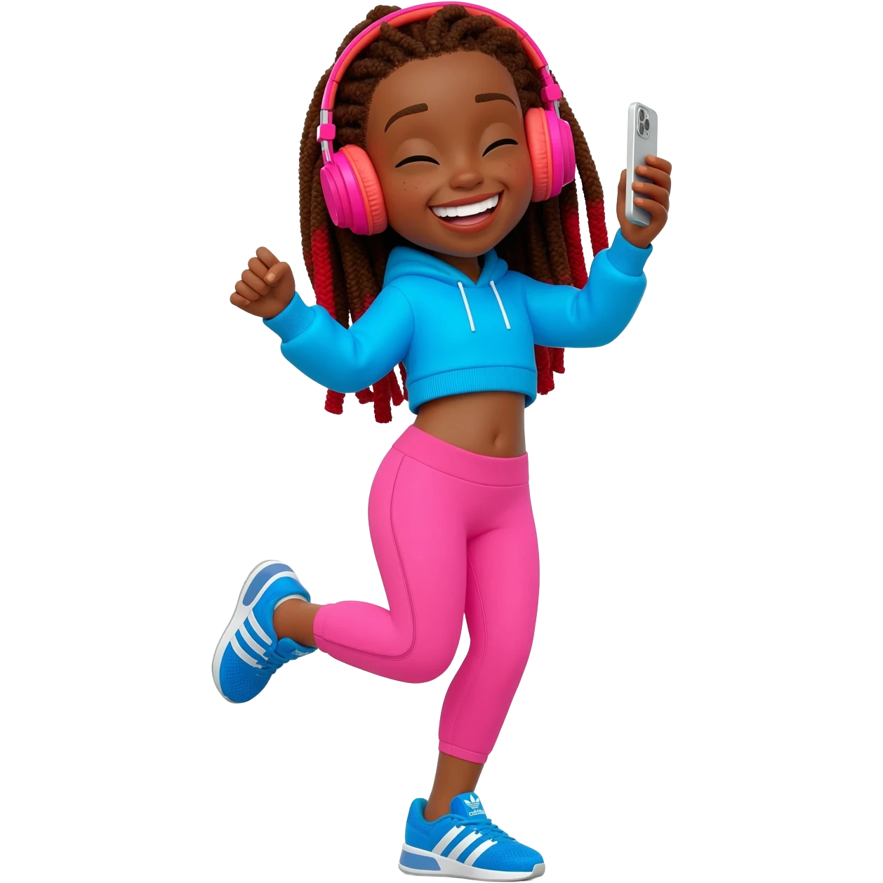 African American girl with long brown dreadlocks with red tips, pink workout leggings and a bright blue cropped hoodie, wearing big pink headphones and blue adidas pumps, happy dancing phone in hand emoji