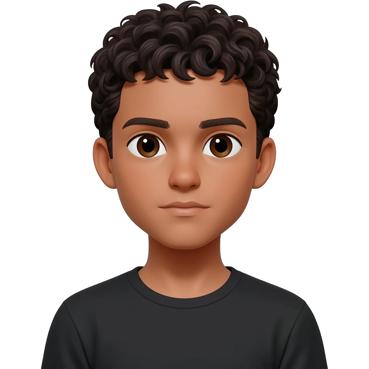 A white boy with lightly tanned skin, short, dark curly hair, and dark brown eyes, wearing a black T-shirt. emoji