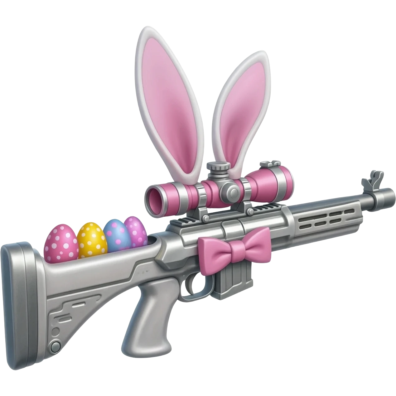 easter theme sniper rifle like with bunny ears and eggs and pink and a tie bow emoji