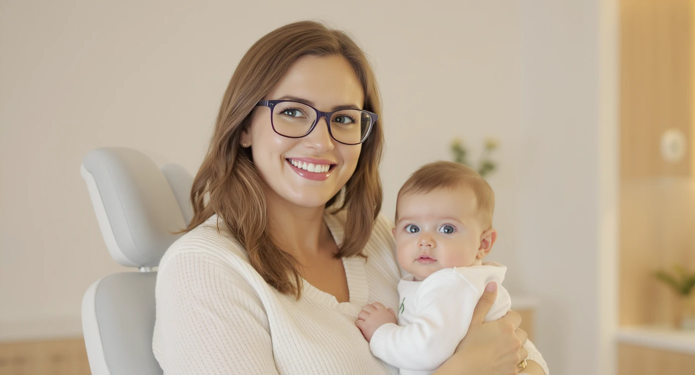Cinematic still, Proffesional advertising of a smiling european white woman with glasses smiling holding baby, minimalistic ophthalmologist interior in background, leading  lines, "rule of thirds", 60/30/10 colors, soft light, warm colors emoji